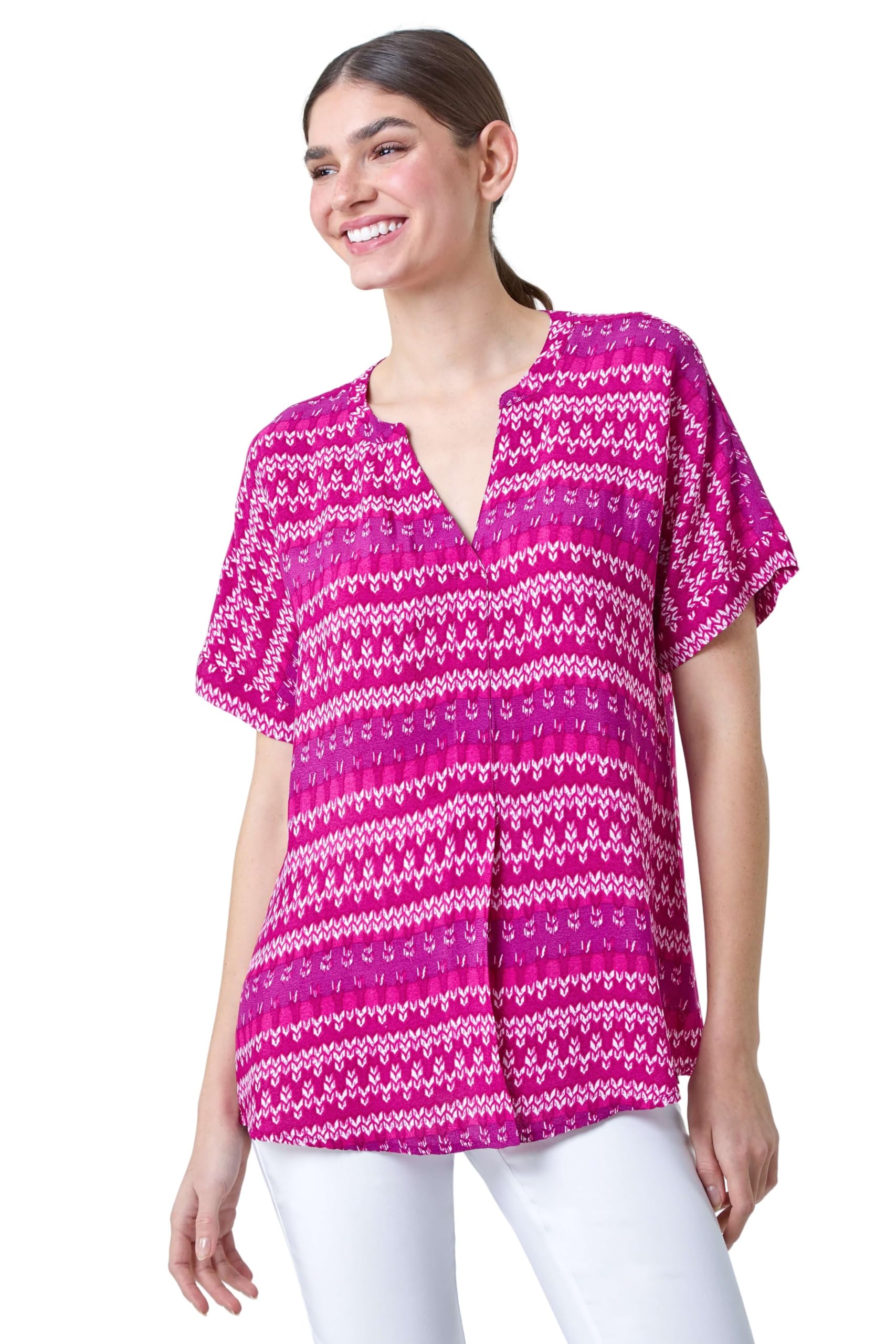 Roman Short Sleeve Shirt for Women UK Ladies Tunic Top Summer Blouse Casual Smat T-Shirt Spring Work Cocktail Party Going Out Special Occassion Holiday V-Neck - Magenta - Size 12