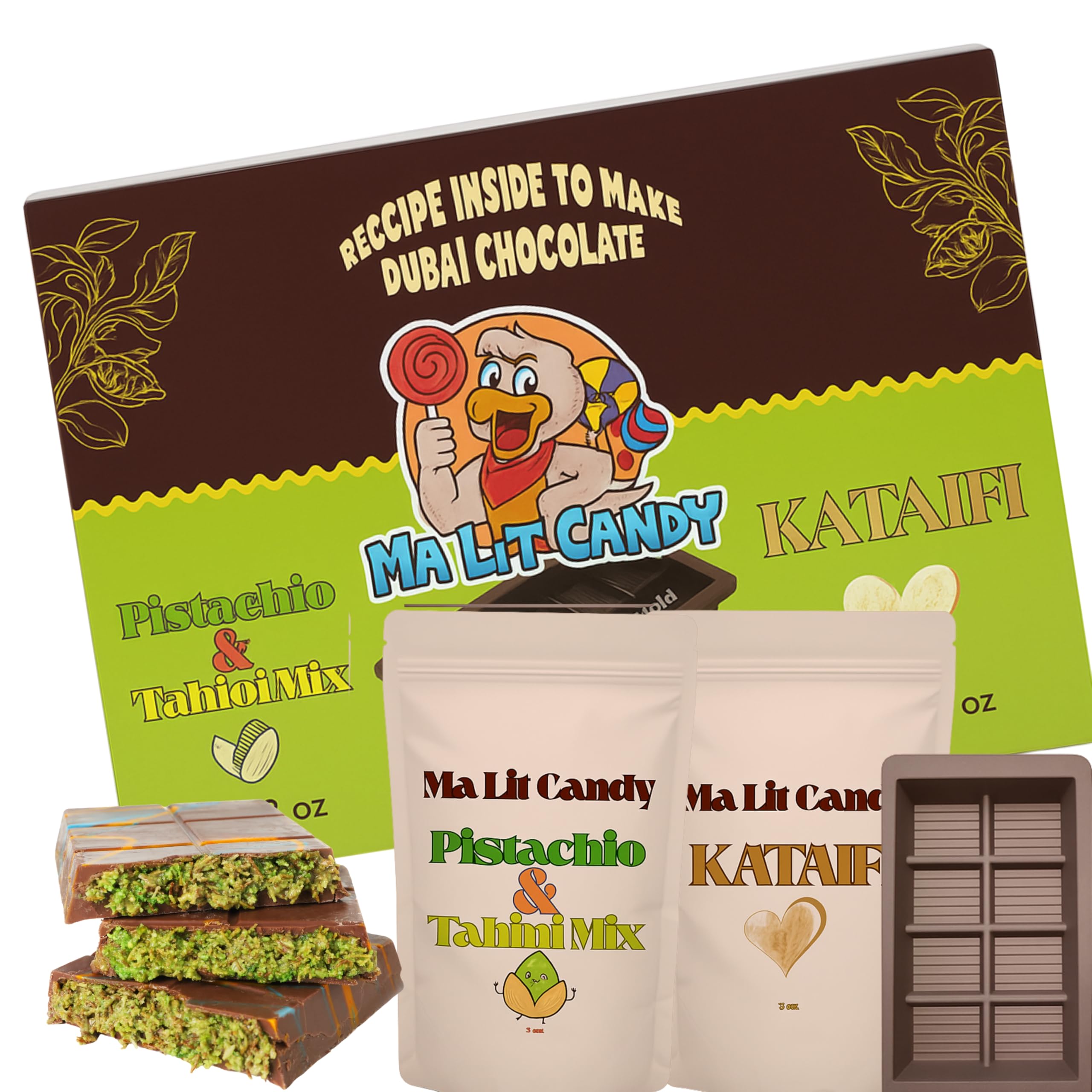 Ma Lit Candy Dubai Chocolate Bar Kit - Holidays Gift Box - INCLUDES Kataifi, Pistachio & Tahini Cream, Recipe, & Silicone Mold - Chocolate NOT
