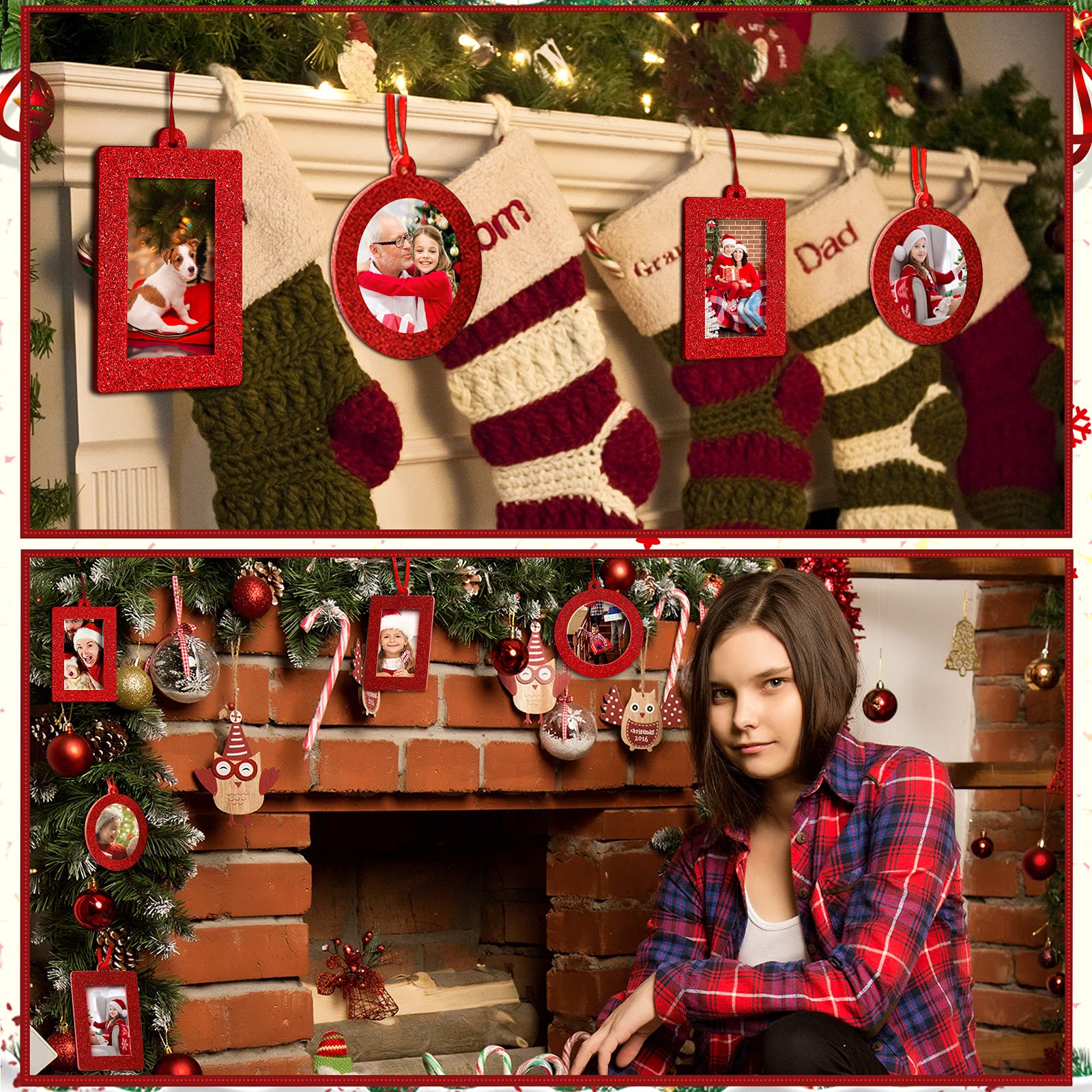 12 Pcs Cadres Photo Noël Pailletés - Ornements Sapin Avec Ruban - 3 Styles Différents