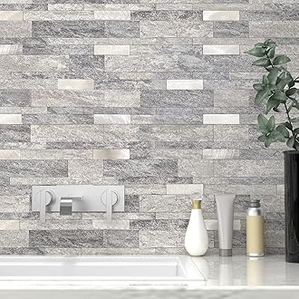 Marble Effect Self Adhesive Linear Wall Tiles Metro Brick Stone Tiles,Waterproof Bathroom Wall Panels Matt Heat Resistant Fireplace Peel and Stick Mosaic(Grey,10sheets)