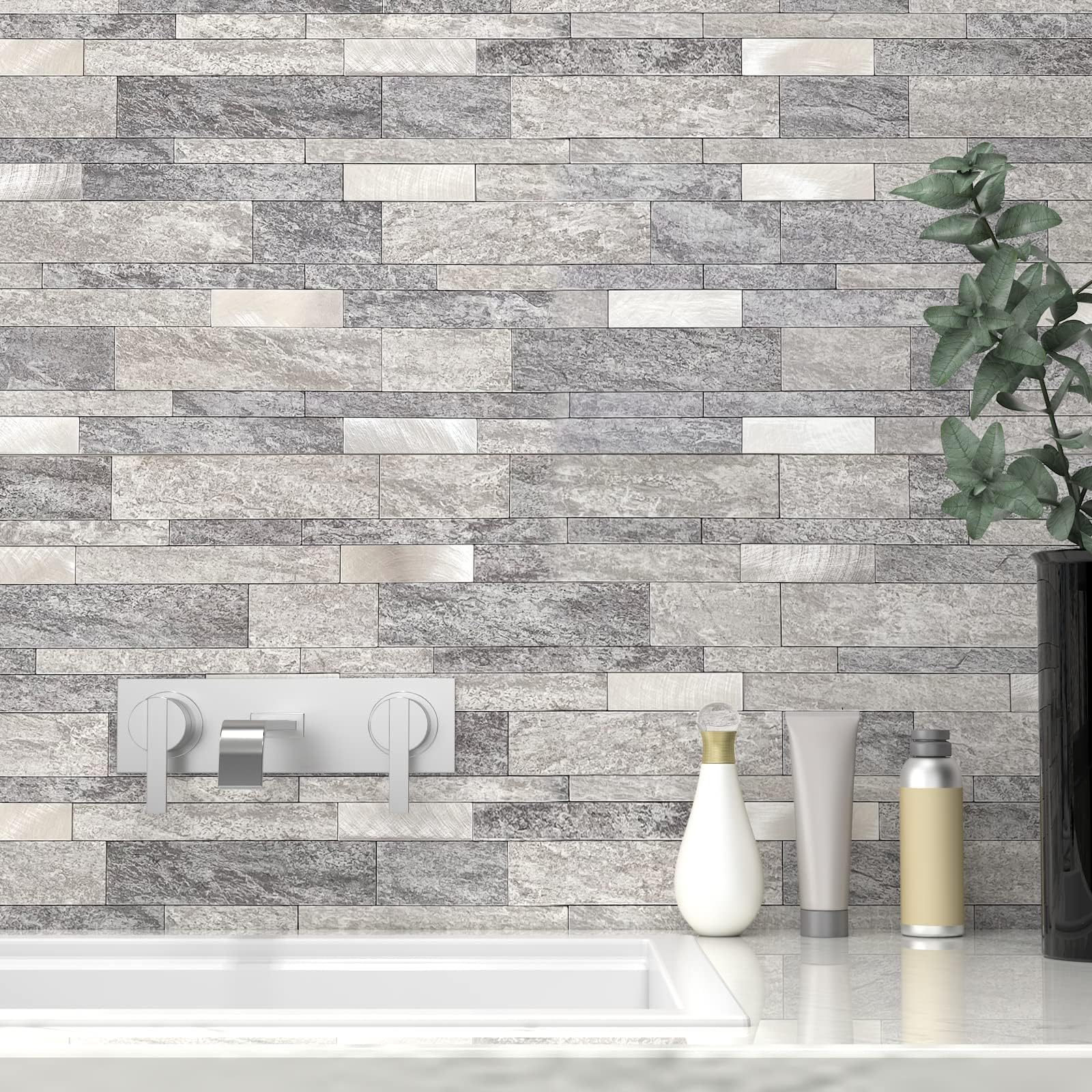 VAOVI Marble Effect Self Adhesive Linear Wall Tiles Metro Brick Stone Tiles,Waterproof Bathroom Wall Panels Matt Heat Resistant Fireplace Peel and Stick Mosaic(Grey,10sheets)