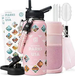 32 oz Insulated Water Bottle | Thickened Stainless Steel Vacuum Metal | Portable Sports Water Jug for Gym and Hiking with Straw, Carrier Bag, Handle Strap | BPA-Free 32 oz
