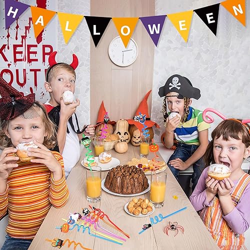 Miniatura 5 de JANYUN Pajitas de Halloween, 20 popotes de plástico reutilizables, regalos de fiesta de Halloween para niños, lindos murciélagos, calabaza, gato,