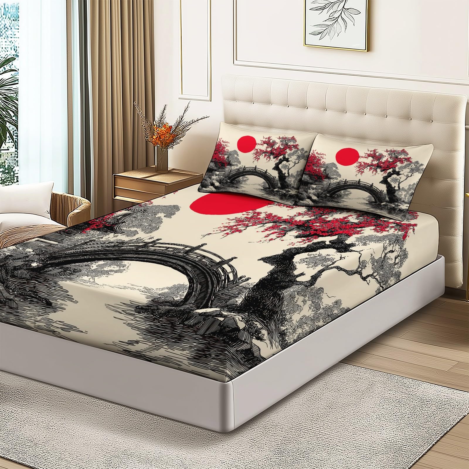 Spannbettlaken Schwarz Creme 140 x 200, Japanischer Stil Garten Brücke Spannbetttuch aus Mikrofaser, Extra Tiefe 30 cm, Weich Atmungsaktiv für Doppelbett