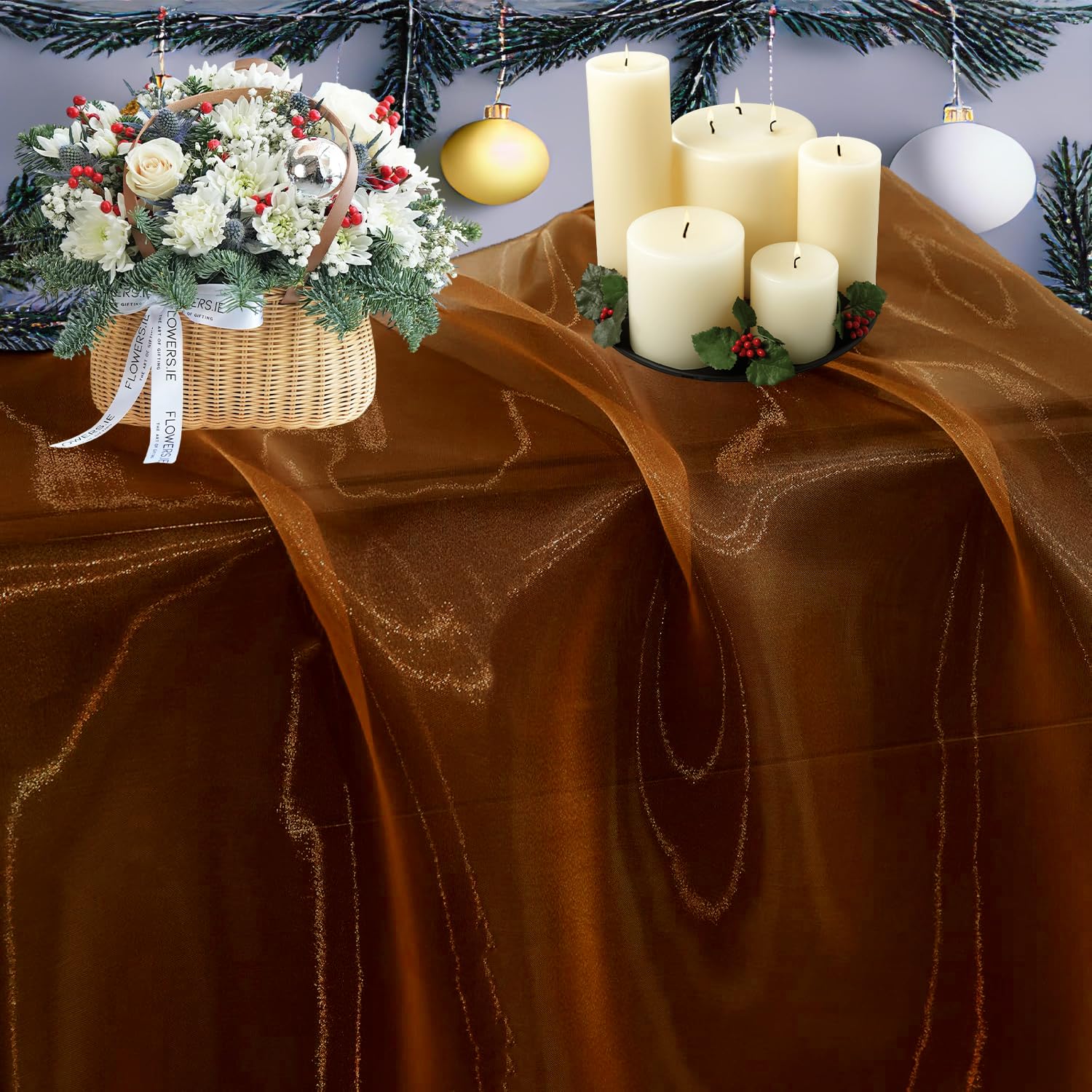 MDS Christmas Organza Fabric 100 Yards, 44" Wide, Sheer Shimmer Crystal Tulle Cloth for New Year Party Decor, Thanksgiving, Gift Wrapping, Crafts DIY Sewing, Backdrop, Wedding Drapes - Bronze