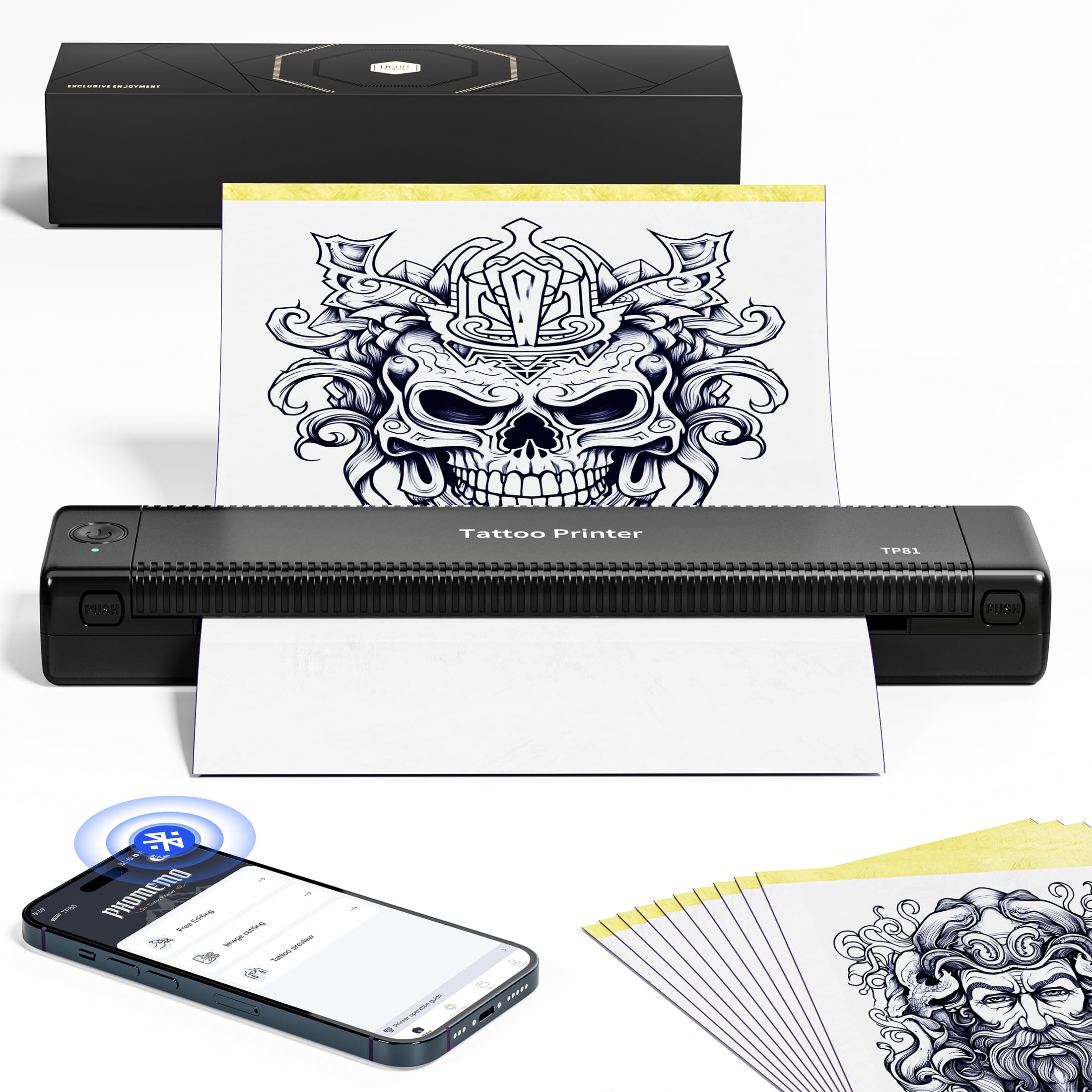 TP81 Stencil Drucker, Thermodrucker Tattoo, Bluetooth Tattoo Drucker mit 10 Blatt Tattoo Papier, Kompatibel mit Android, iOS und Laptop, Tattoo Zubehör