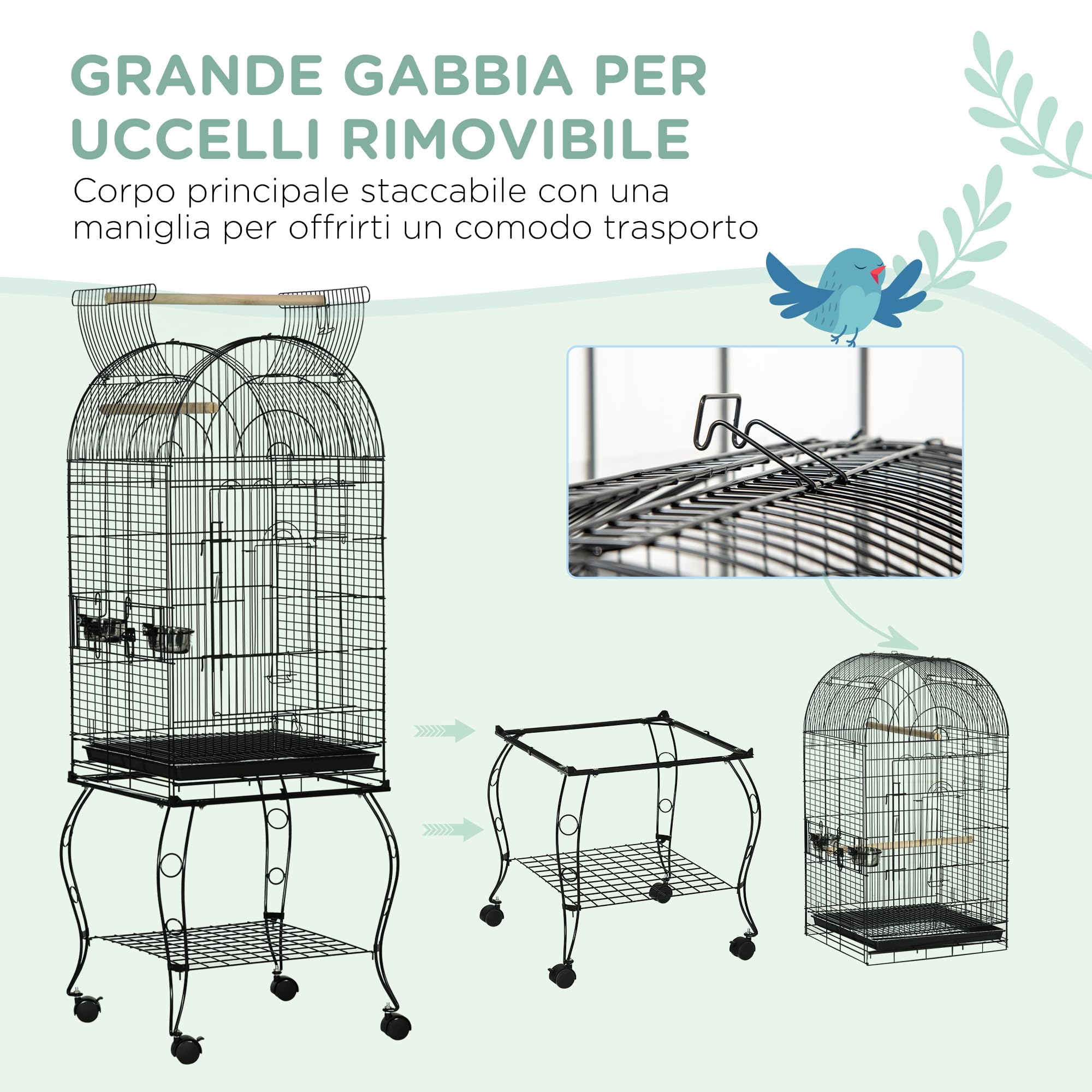 PawHut Gabbia per Uccelli e Canarini con Ruote e Vassoio Estraibile, Voliera per Pappagallini in Acciaio, 51x51x153 cm, Nero