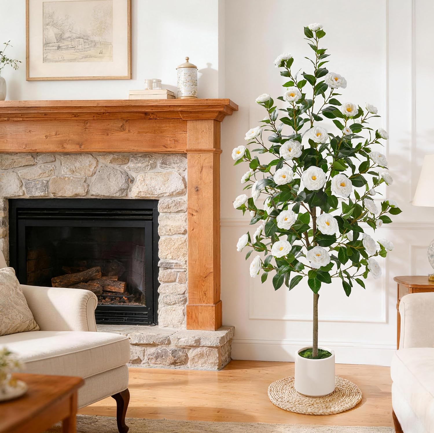 2 Pack 63" Artificial Camellia Tree, Artificial Plants Outdoor Faux Plants in Pot, Artificial Flower for Outdoors Front Porch Decor, Fake Tree Plant Faux Flowers for Indoor Outdoor Home Decor, White