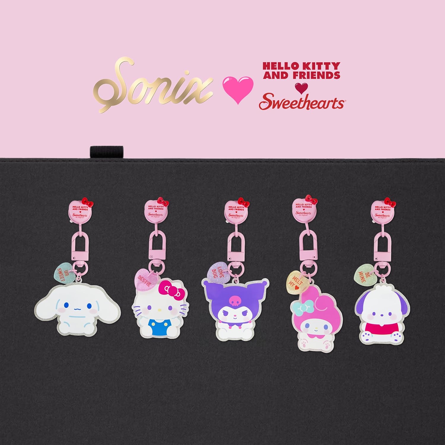 Sonix x Sanrio x Sweethearts Adhesive Phone Charm Blind Box | Smartphone Charm Hook with Surprise Character and Candy Heart Charms | Hello Kitty and Friends x Sweethearts