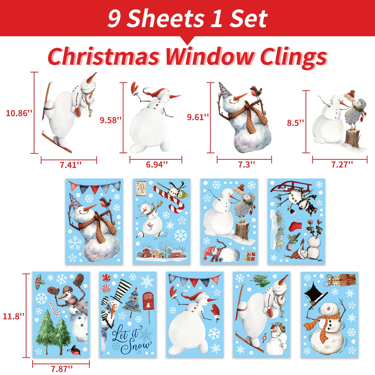Quera Christmas Window Decals - Snowman, Snowflake & More! 9 Sheets, 7.8'' X 11.8'' PVC Static Window Decor for Kids Holiday Glass Decorations
