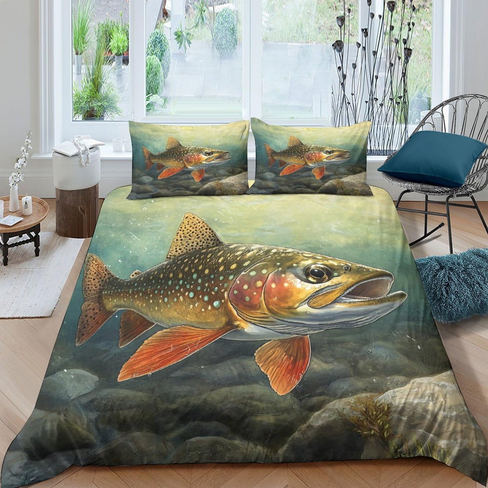 Ctjqhvkz Style-10 3D Printed Underwater Pike Fitted Sheet Microfiber Soft Breathable River Fish Mattress Cover For Bedroom Decor Single（135X200cm）