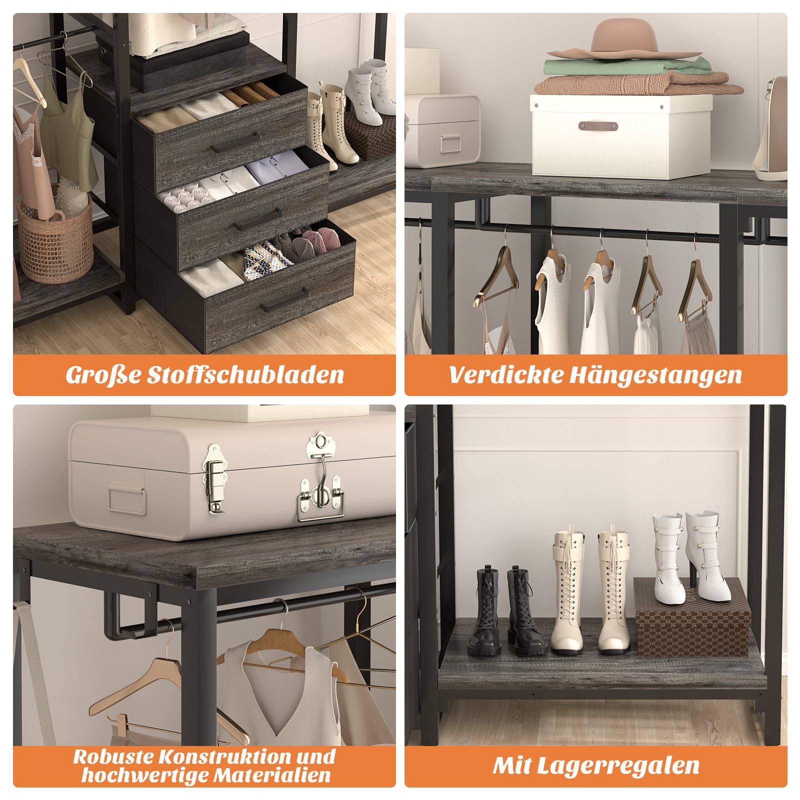 iSunirm Kleiderständer,Robuster Kleiderständer,Kleiderständer mit Schubladen,Freistehender Kleiderschrank,Eck-L-förmiges Schranksystem,Schwarze Eiche