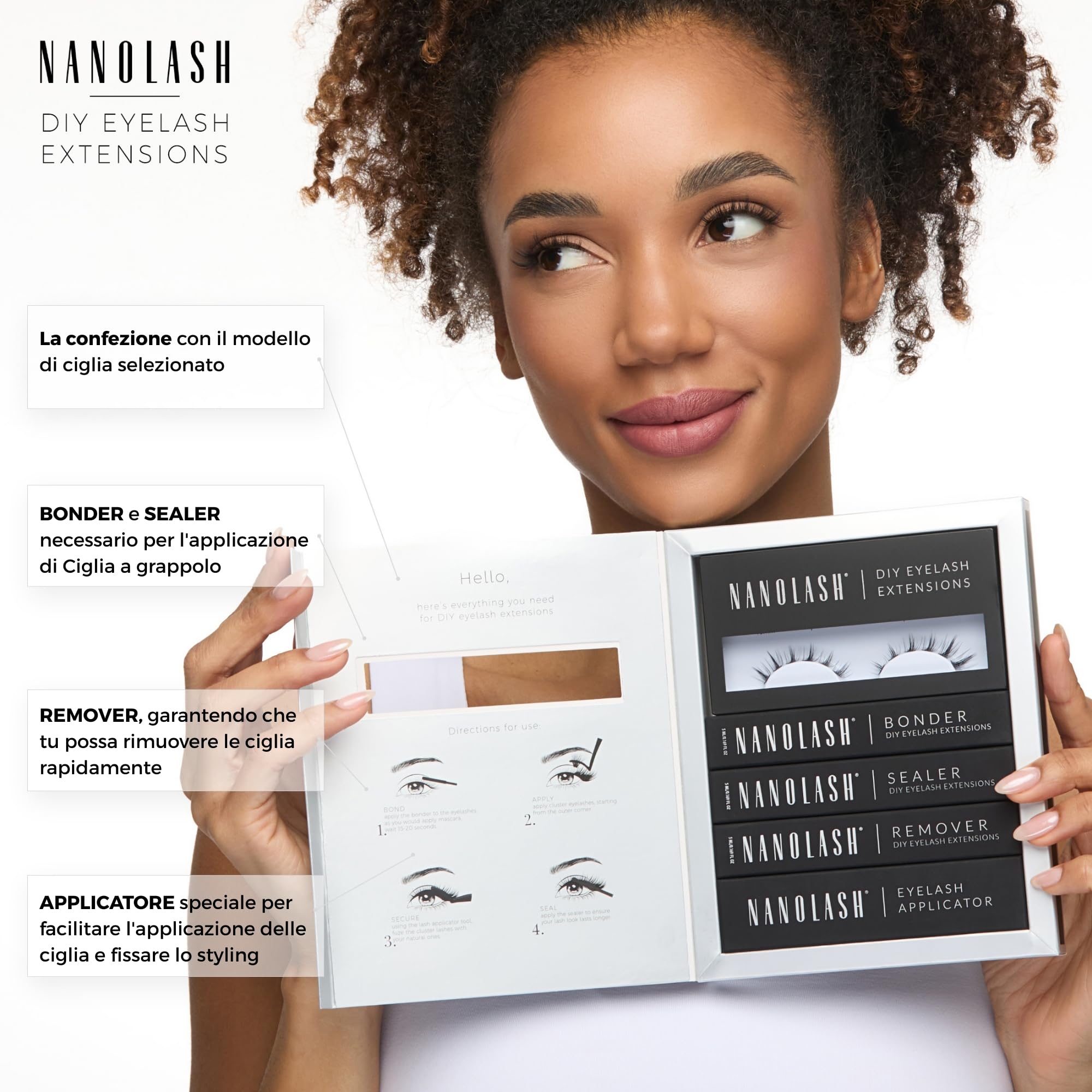 Starter kit per extension ciglia a grappolo a fai da te Nanolash - DIY kit completo per applicare le ciglia finte a casa, extension ciglia fai da te (Nero, CLASSY)