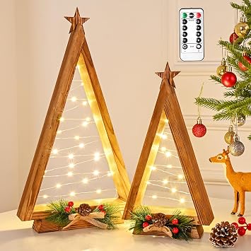 2 Pcs Triangle Tabletop Wooden Christmas Tree with Lights, Modern Farmhouse Rustic Christmas Decor, Small Lighted Xmas Tree for Kitchen Mantle Shelf Living Room14.2" Large / 11" Small