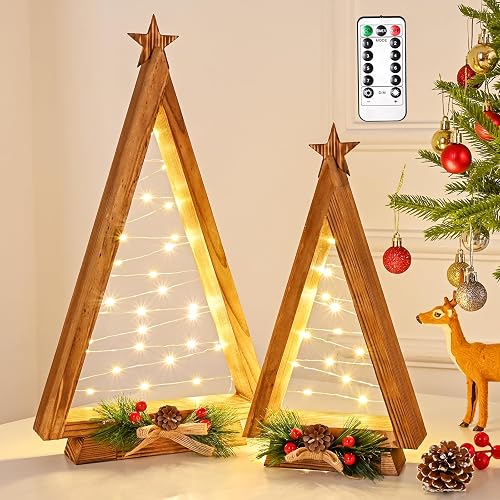 2 Pcs Triangle Tabletop Wooden Christmas Tree with Lights, Modern