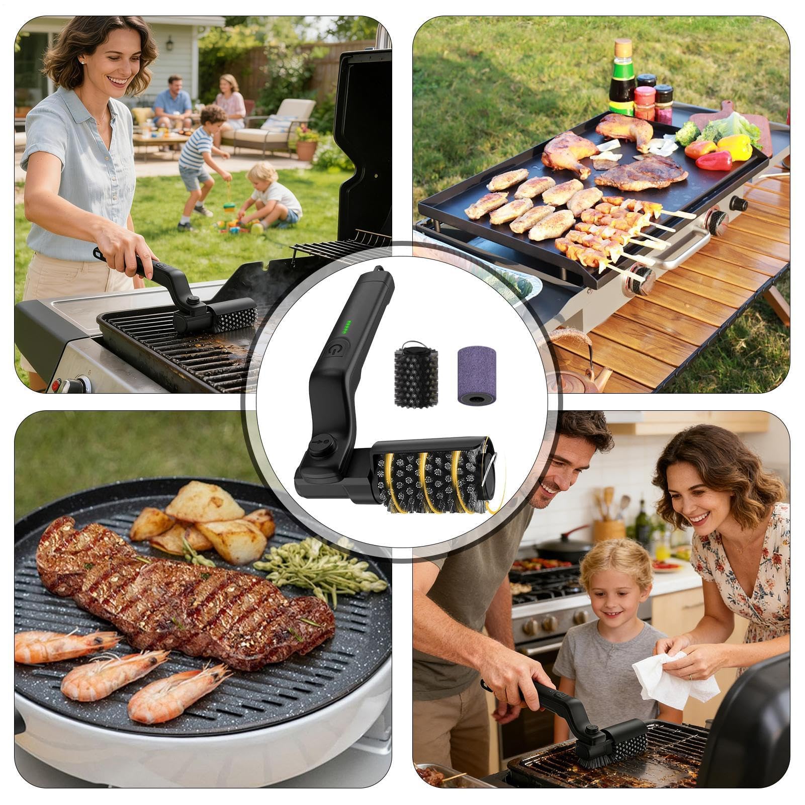 Pulitore elettrico senza fili per griglia, spazzola rotante ricaricabile a 3 velocità per barbecue, griglie per forno, giardino, roulotte e campeggio