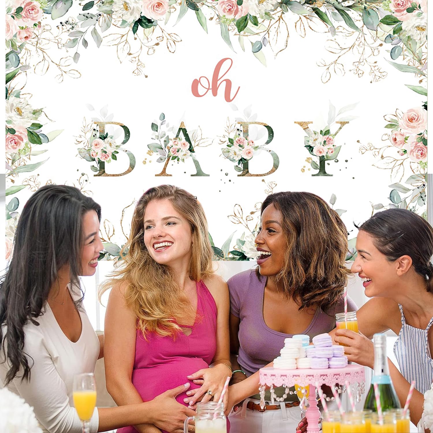 3.6x3m Telón de Fondo Baby Shower Oh Baby Girl Blush Pink y Oro Floral Verde Hojas de eucalipto Fotografía de Fondo recién Nacido Baby Shower Cumpleaños Decoraciones Banner Photo Booth Props