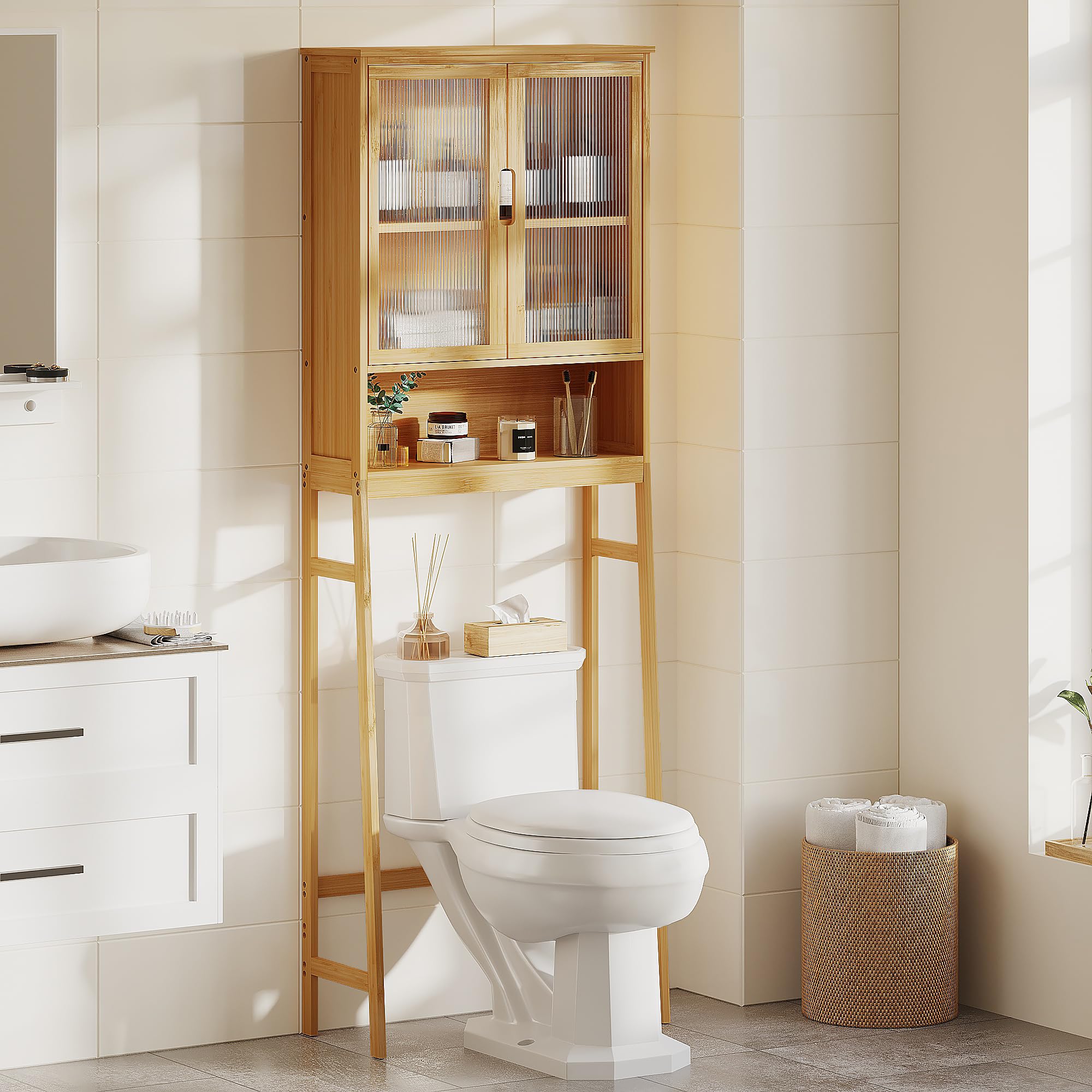 BAMBANG Over The Toilet Storage Cabinet, Bamboo Bathroom Over Toilet Organizer with Adjustable Shelves and Double Doors, Above Toilet Storage Cabinet, Natural