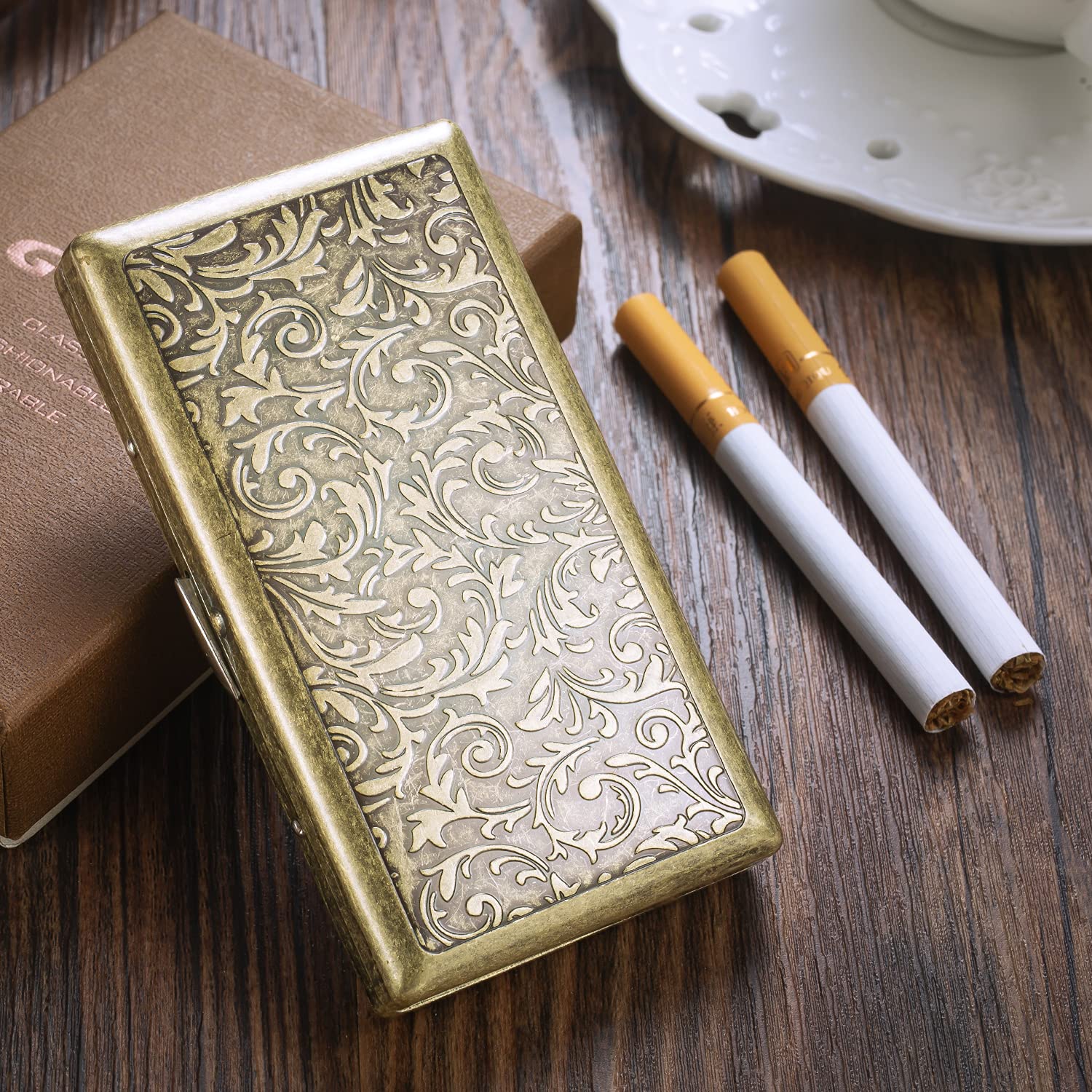 Portasigarette Vintage in Metallo di Alta Qualità - Scatola per Sigarette da Donna, Anticato, per 20 Sigarette da 100 mm, Sottile, in Acciaio Inox, Con Scatola