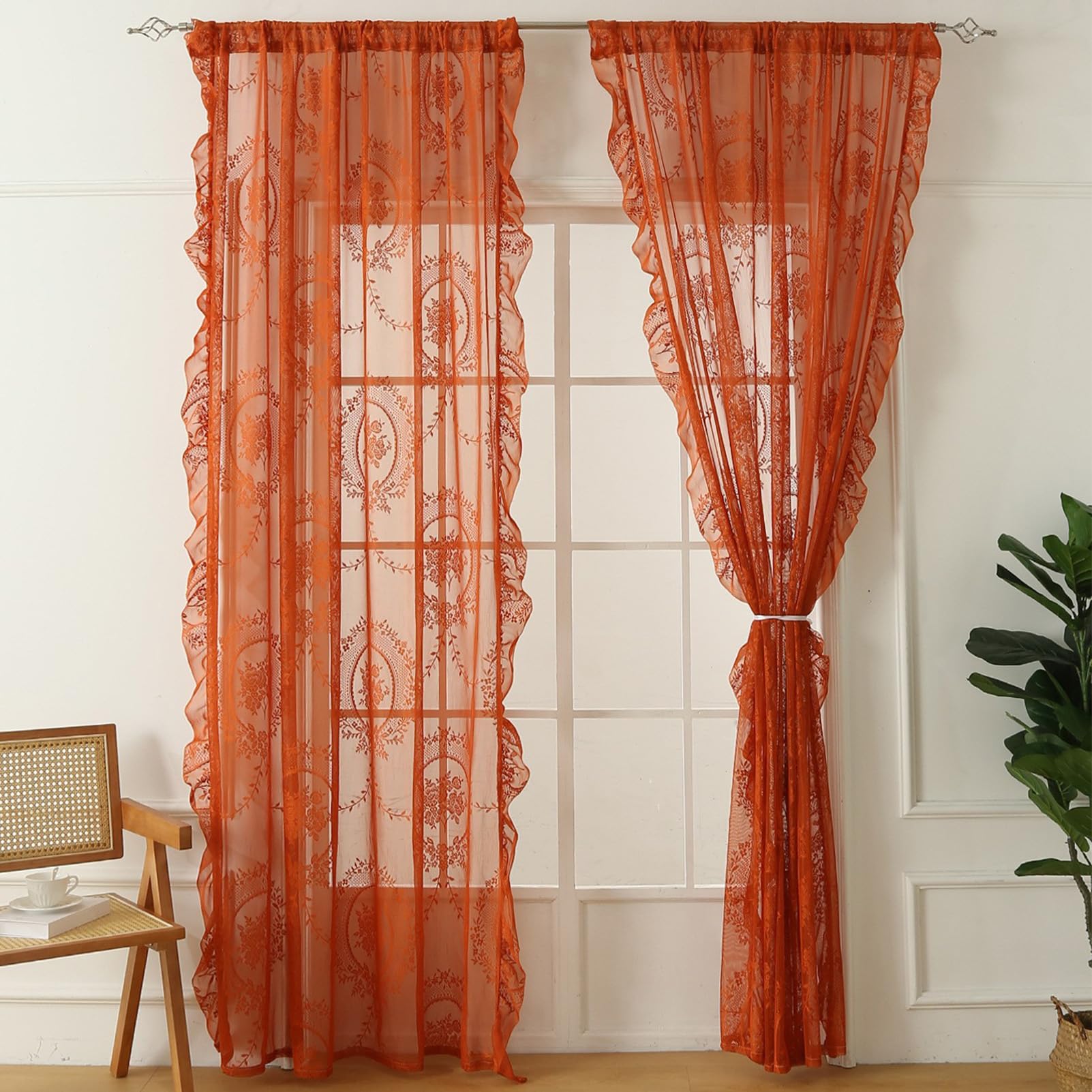 apott Orange Lace Sheer Curtains 2 Panels Floral Net Curtains for Bedroom Embroidered Vintage Voile Drapes for Windows Living Room Rod Pocket, 55x39 Inch