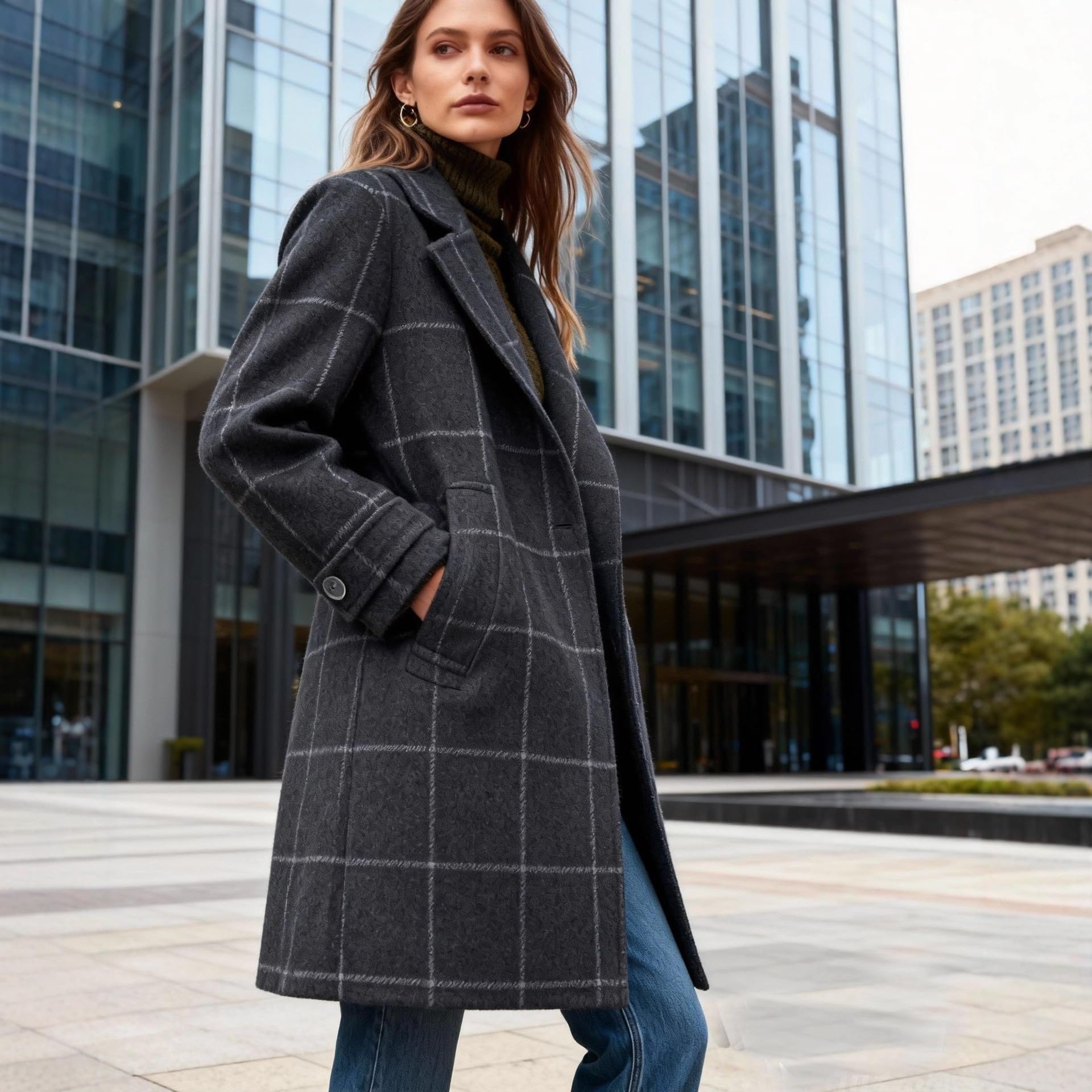 Manteau Laine Femme Manteaux Longs En Laine À Carreaux Pour Femmes Grandes Tailles Trench Coat Rétro À Revers À Carreaux Caban Tendance Veste En Tweed À Simple Boutonnage Vêtement D