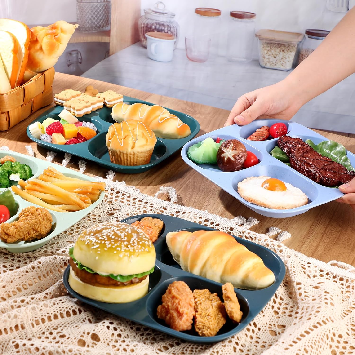 Vesici 8 Pcs 9'' Unbreakable Divided Plates Food Separator Dinner Plates Reusable Compartment Lunch Trays Dishwasher Microwave Safe(Light Green, Light Blue, Dark Green, Navy Blue)
