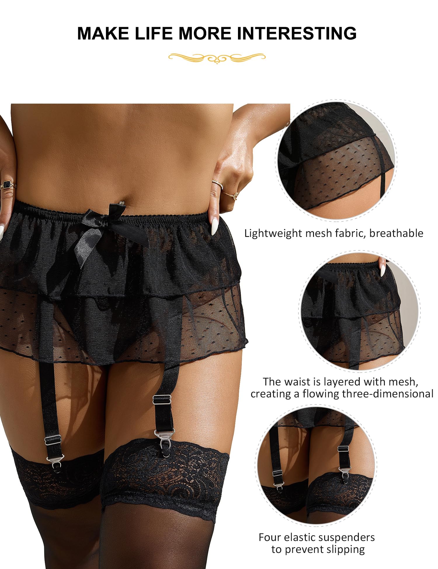 comeondear Damski koronkowy pas do pończoch z siateczki podwiązka mała spódnica plus size zestaw bielizny 4 regulowane paski stringi czarne UK 8-22