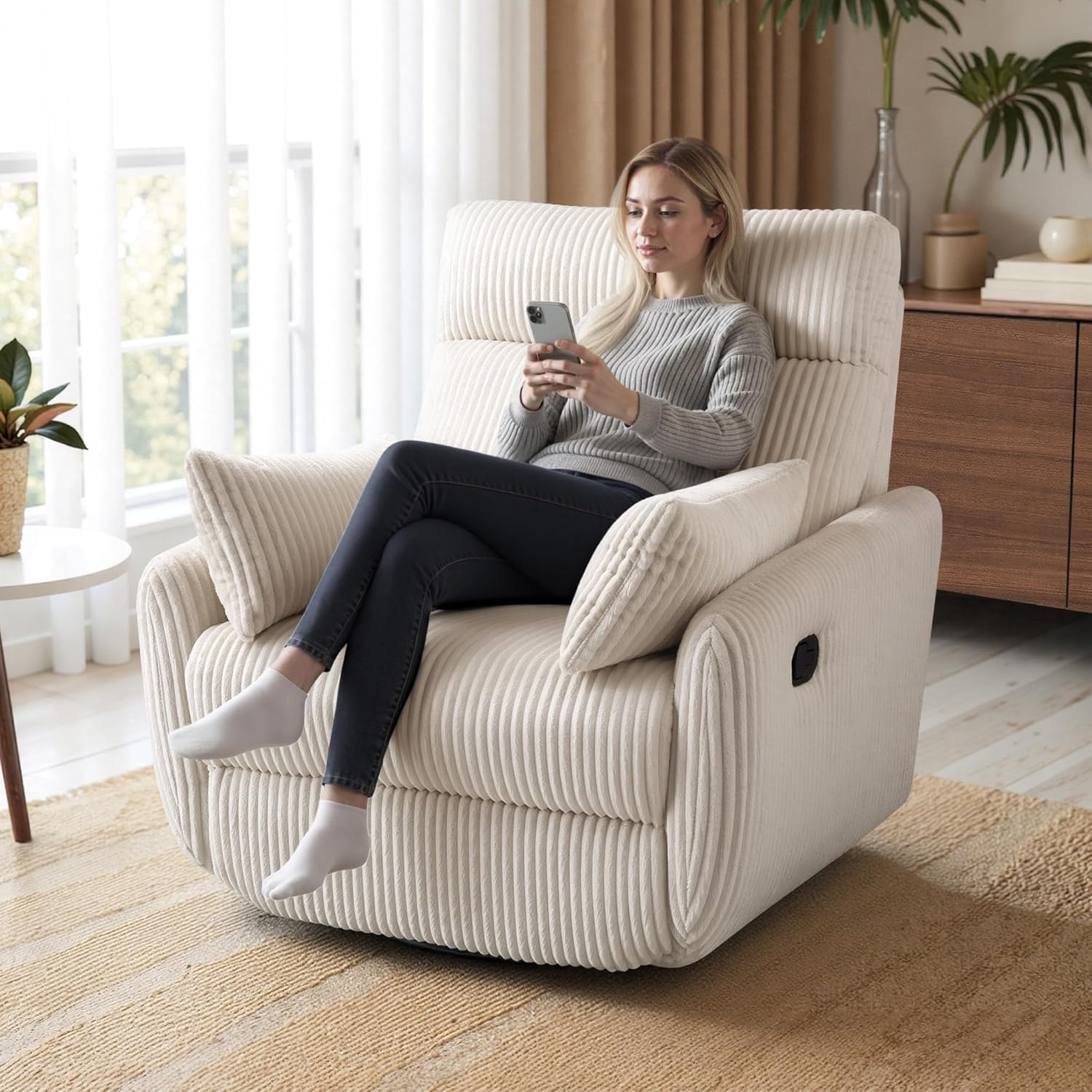 Swivel Recliner Chair for Adults, Corduroy Nursery Glider Rocking Chair, Armchair with 2 Pillows, Comfy High Back Reclining for Small Spaces, Nursery Bedroom Living Room (Corduroy Beige, 1 Pack)