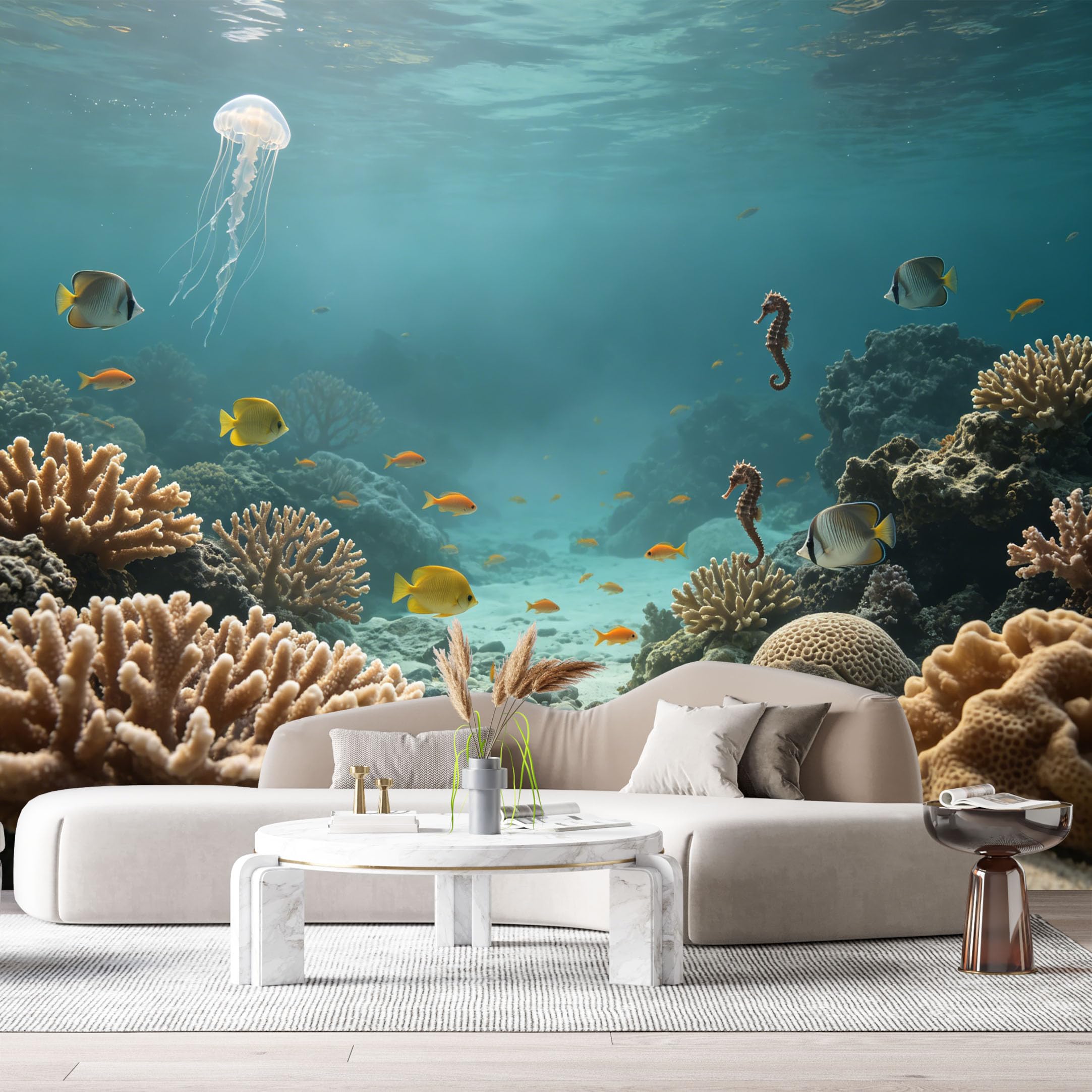 Custom Size Wall Murals Ocean Marine 3D Jellyfish Seahorse Coral Reef SelfAdhesiveWall Fabric Removable Wallpaper Wall Decor for Living Room Bedroom Bathroom