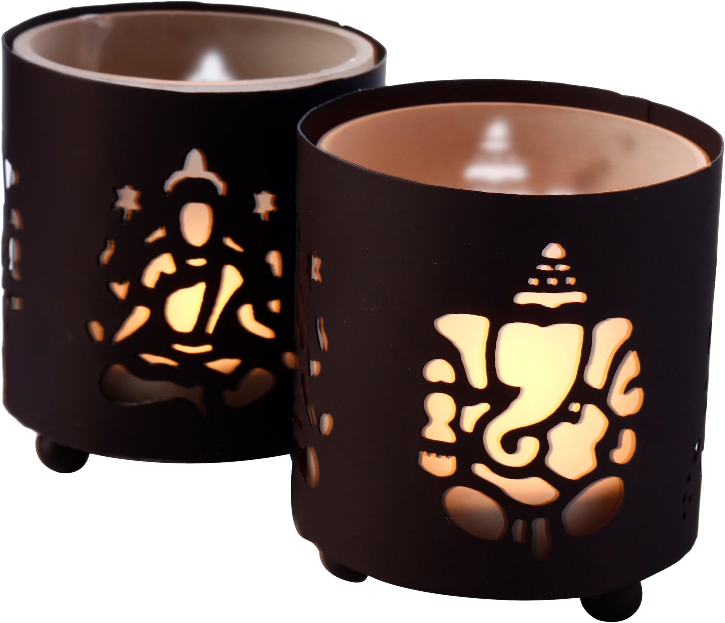 Anasa Decorative Ganesha laxmi Night Shadow Metal Tealight Candle Holder (8.89 cm x 8.89 cm x 10.16, Brown, Set of 2)
