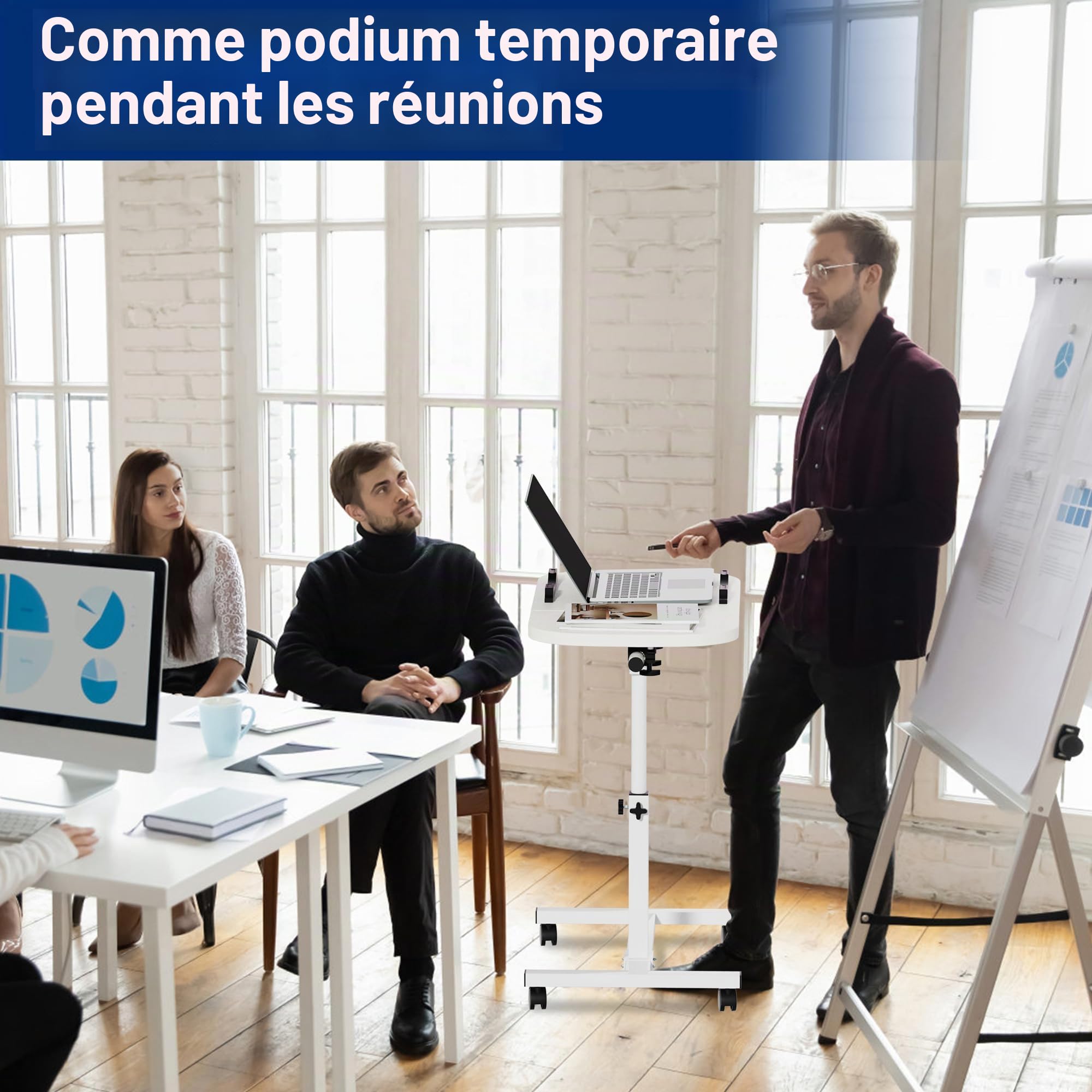 Table d'appoint mobile réglable en hauteur pour lit avec 4 roulettes, 60 x 40 cm, table pour ordinateur portable, table de dessus pivotante pour salon, chambre à coucher, bureau, lit, canapé
