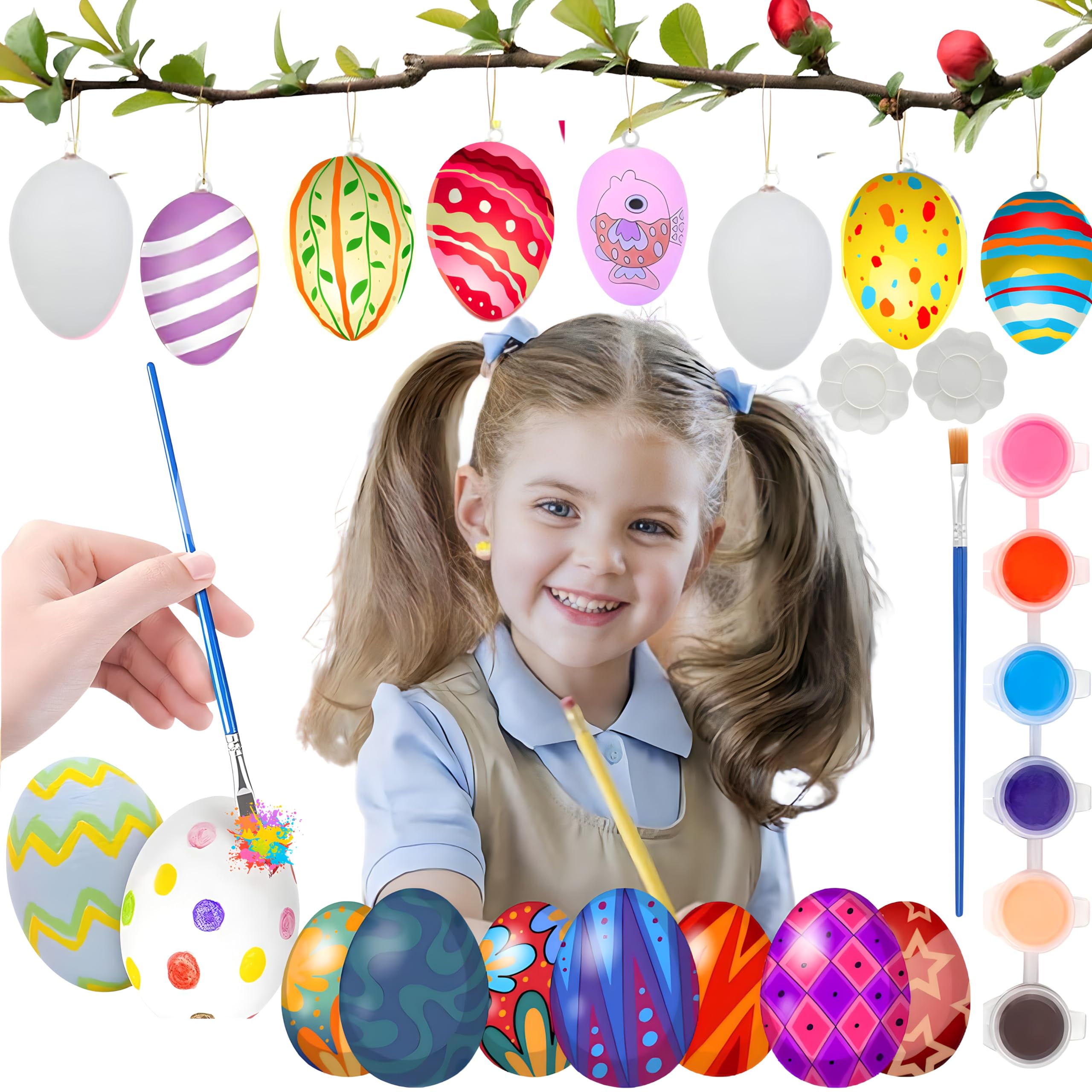 MARTYRA White Painting Eggs, Easter Eggs Painting Kit, Paintable Flocking Eggs with Doodle Kit for DIY Design, Hanging Flocking Eggs, pinata Birthday Goodie Bag fillers, Party For Girls Boys