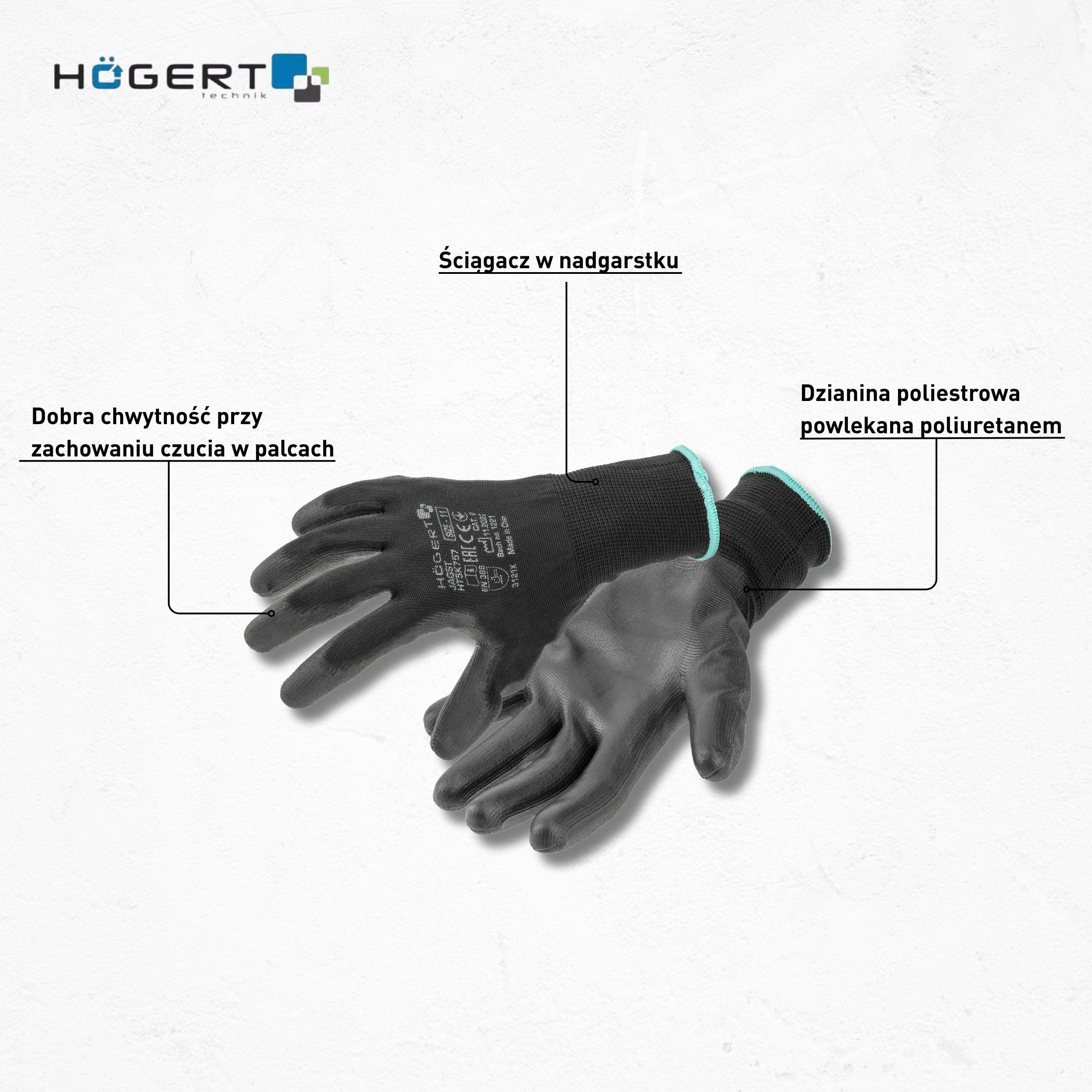 Högert Technik JAGST rękawice z powłoką poliuretanową, czarne, rozmiar 8, odporne na ścieranie i elastyczne, idealne do precyzyjnego montażu i konserwacji