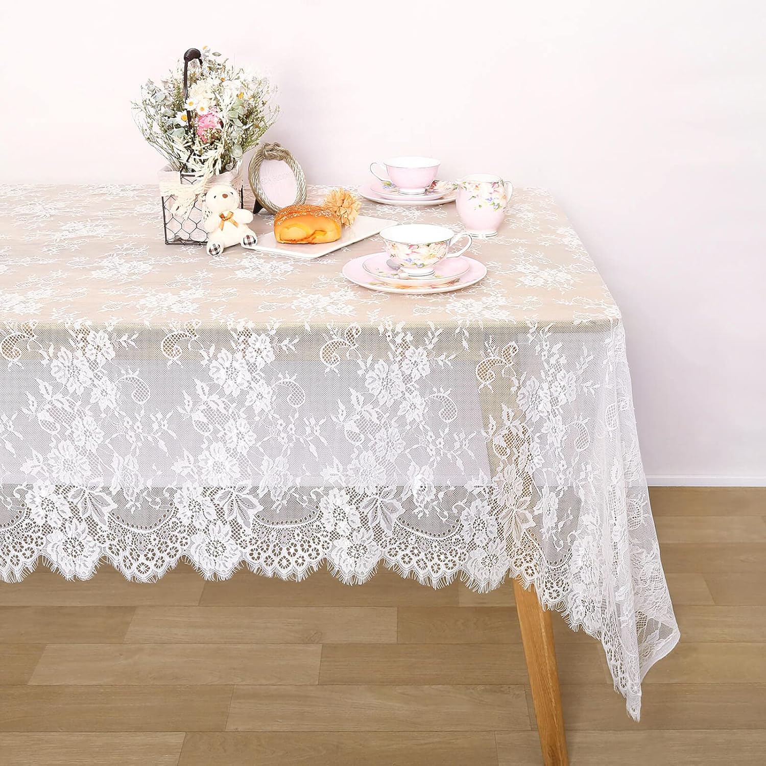 QueenDream Lace Tablecloth Rectangular 2 Pieces 60 x 120 Inch White Wedding Tablecloth Overlay Table Cover Lace Fabric for Bridal Baby Shower Tea Party Decorations