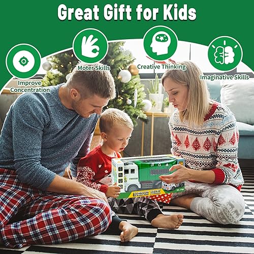 Miniatura 8 de Camión de basura de juguete, camión de bomberos y camión de contenedores de juguetes para niños pequeños de 1, 2, 3, 4, 5, 6 años, regalos de