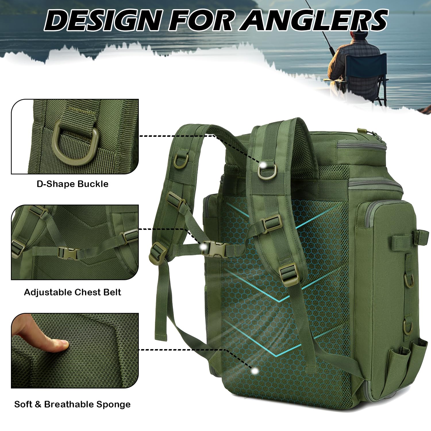 BlesMaller Visrugzak met hengelhandgrepen, 45 l, grote vistas voor vissen, wandelen, kamperen, trekking