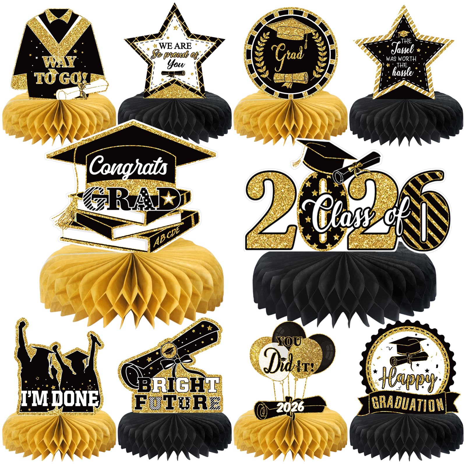 Photo 1 of 10PCS Graduation Party Decorations Class of 2026 Congrats Grad Table Centerpieces Congratulate Graduation Honeycomb Table Toppers for Graduation Party Supplies(Black Gold)