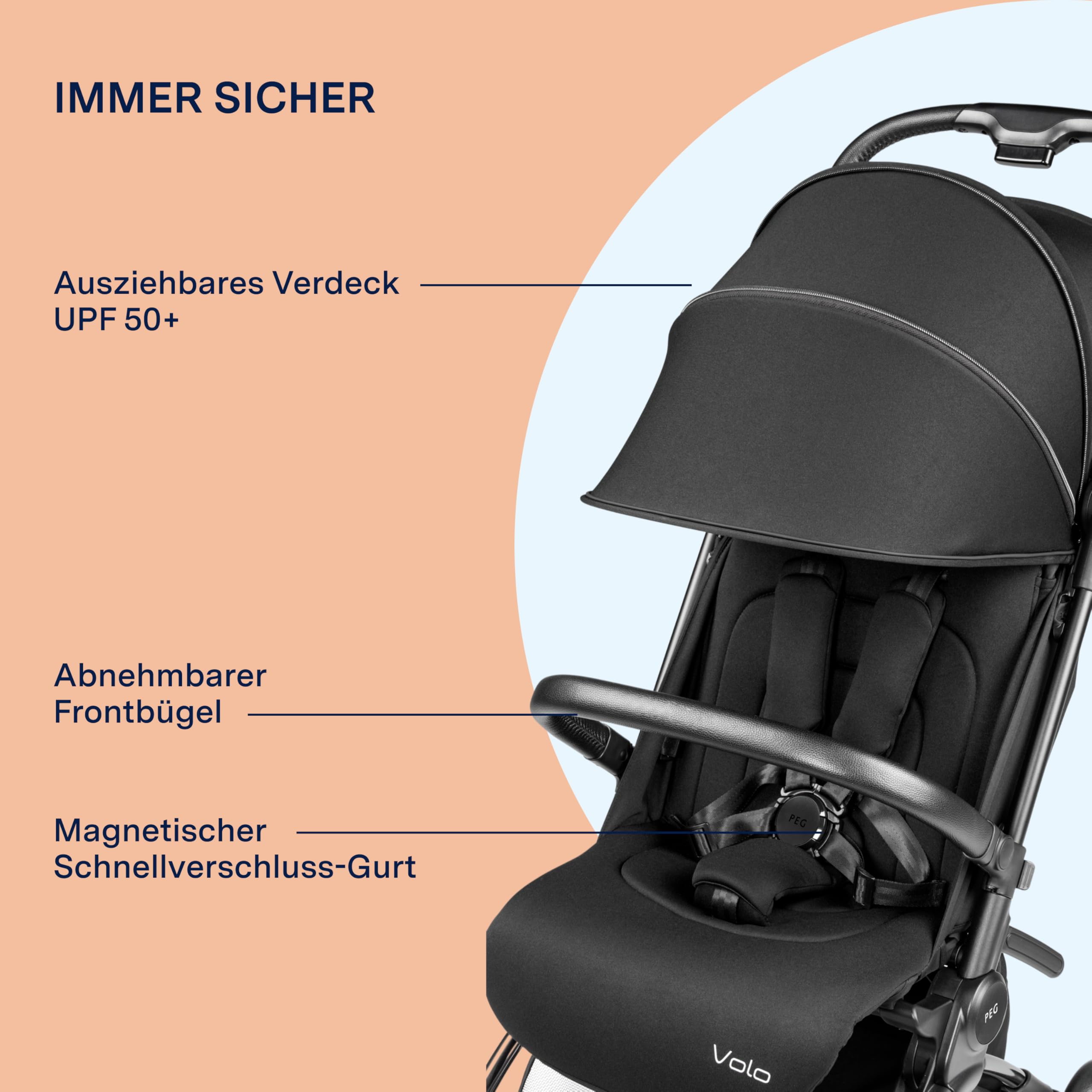 PEG Leichter Buggy Volo mit Regenschutz, Handgepäckgröße, Flugzeuggeeignet, Kompakt, Ab Geburt bis 22 kg, Reisetasche Inklusive, True Black