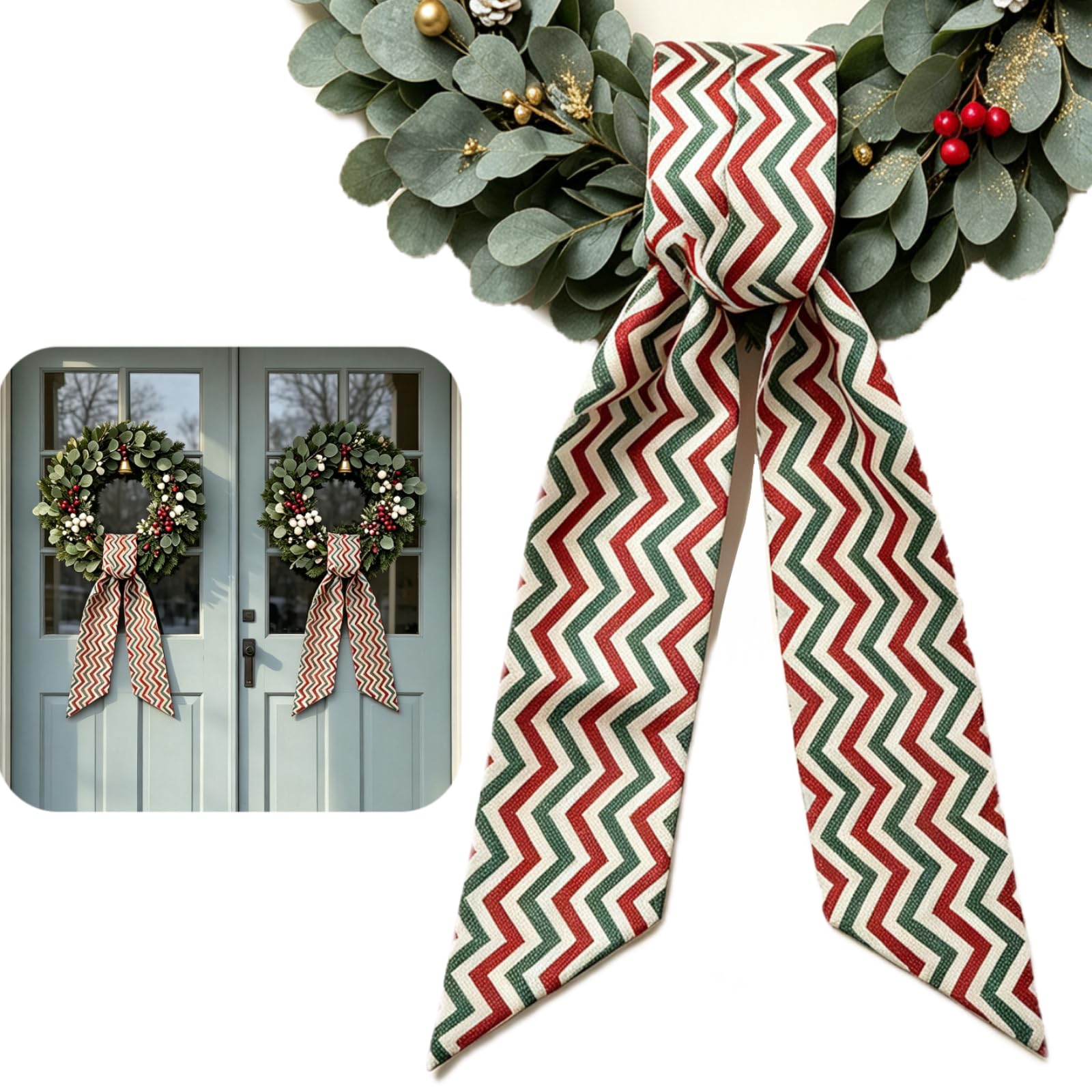 Wreath Sash for Front Door, 2Pcs Christmas Red Green Wavy Stripes Wreaths Satin Sash Ribbon Accessories for Indoor Outdoor Home New Year Decor
