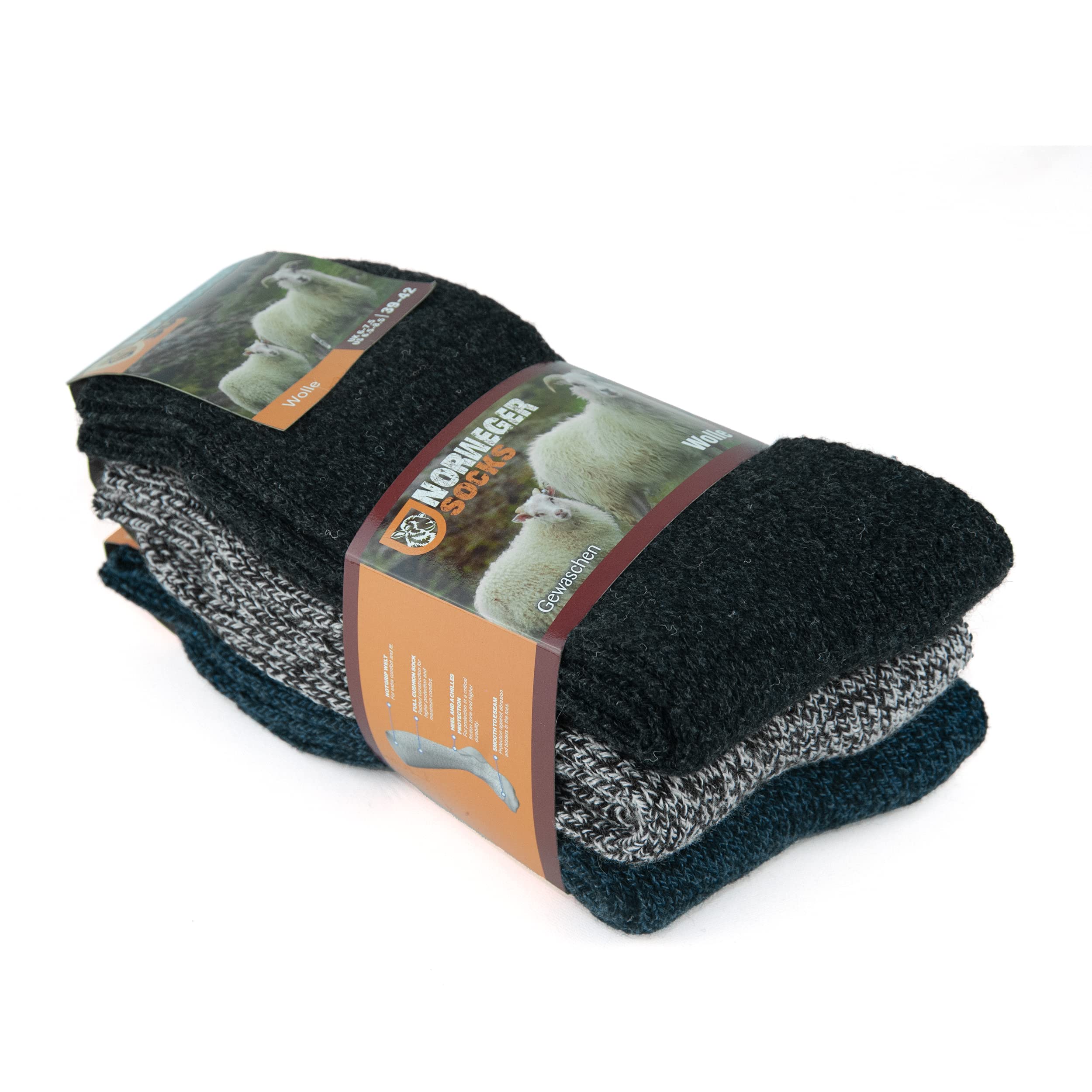 GoWith Pack of 3 Norwegian Wool Thick Moline Colourful Full Cloth Reinforced Prewash Winter Thermal Men's Socks Set 6042, Navy Moline - Coffee Moline - Anthracite Moline, 43-46