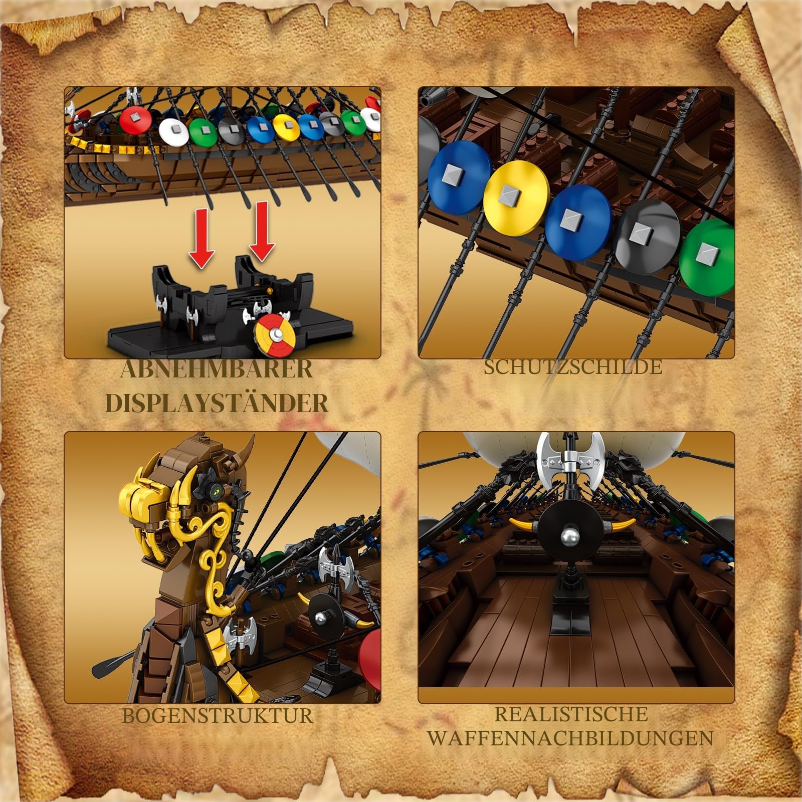 Reobrix Wikinger Piratenschiff Baustein-Spielzeug, Display Langschiff-Kollektion Bausatz-Modelle für Erwachsene, 66101 Großes Segelschiff Mittelalterliche Bewaffnete Kriegsschiff Baustein-Puzzle