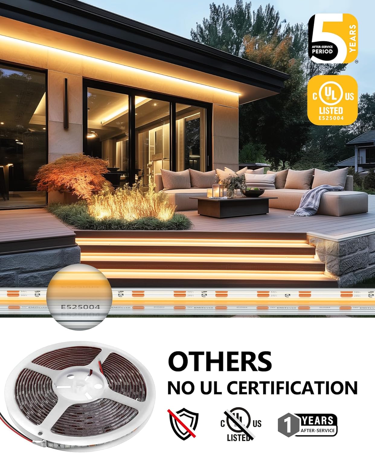 EMITEVER COB LED Strip Lights Waterproof IP67, 2700K Warm White Outdoor 24V Dimmable Silicone LED Tape Lighting 16.4ft High Density, 300+LM/ft, 2400LEDs,3W/ft, UL Listed (Power Supply Not Included) - Image 5