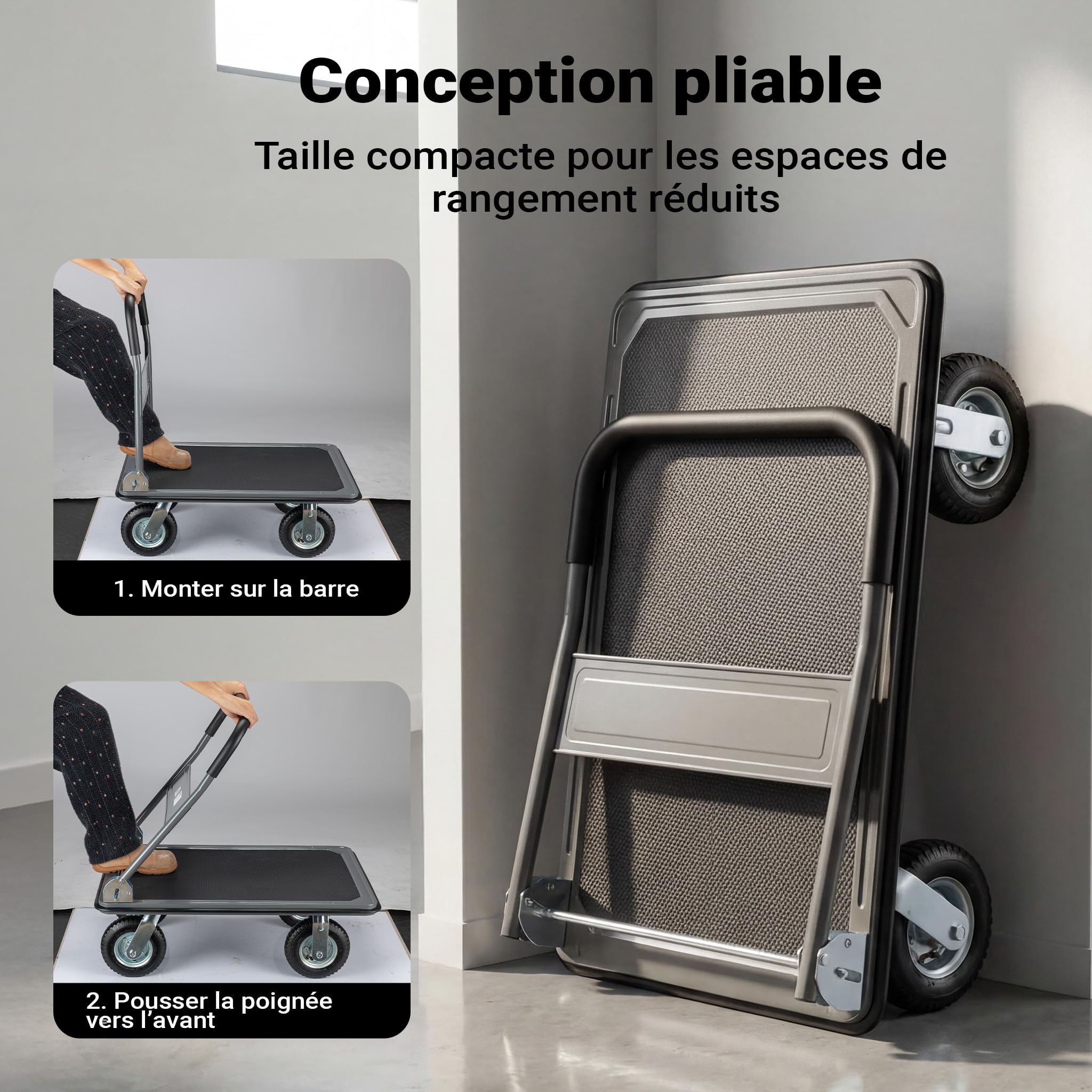 Chariot à Plate-Forme 300kg Max 4 Roues Poignée Rabattable Protection Bordure Surface antidérapante