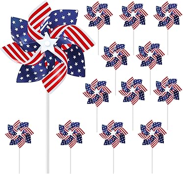 12 Pack 8 Inches American Flag Patriotic Pinwheels Windmill Wind Spinner for Yard Garden Lawn Fourth of July Independence Day Party Decorations