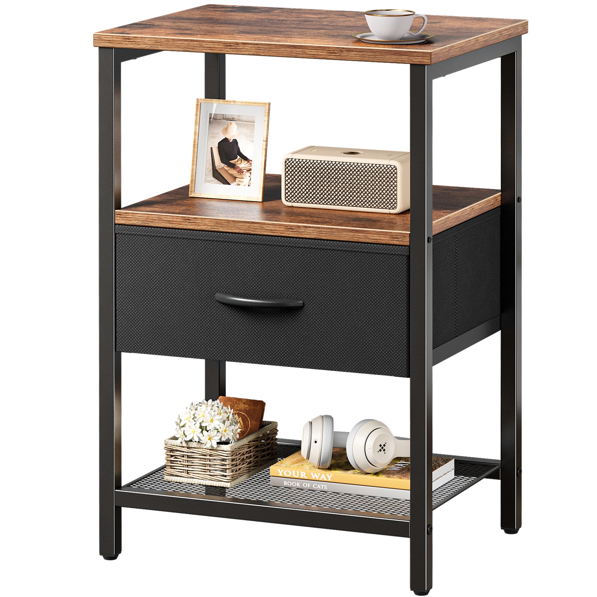 Huuger Night Stand with Fabric Drawer, Side Table with Mesh Shelf, Bedroom Nightstand, Fabric Drawer Dresser, Open Shelf, Metal Frame, Couch Side,