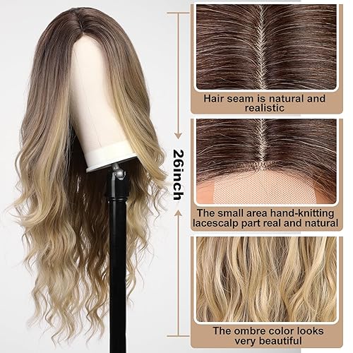 Miniatura 4 de KOME Peluca larga ondulada con mezcla de marrón degradado para mujer, peluca ondulada y rizada de parte media, peluca de fibra sintética resistente