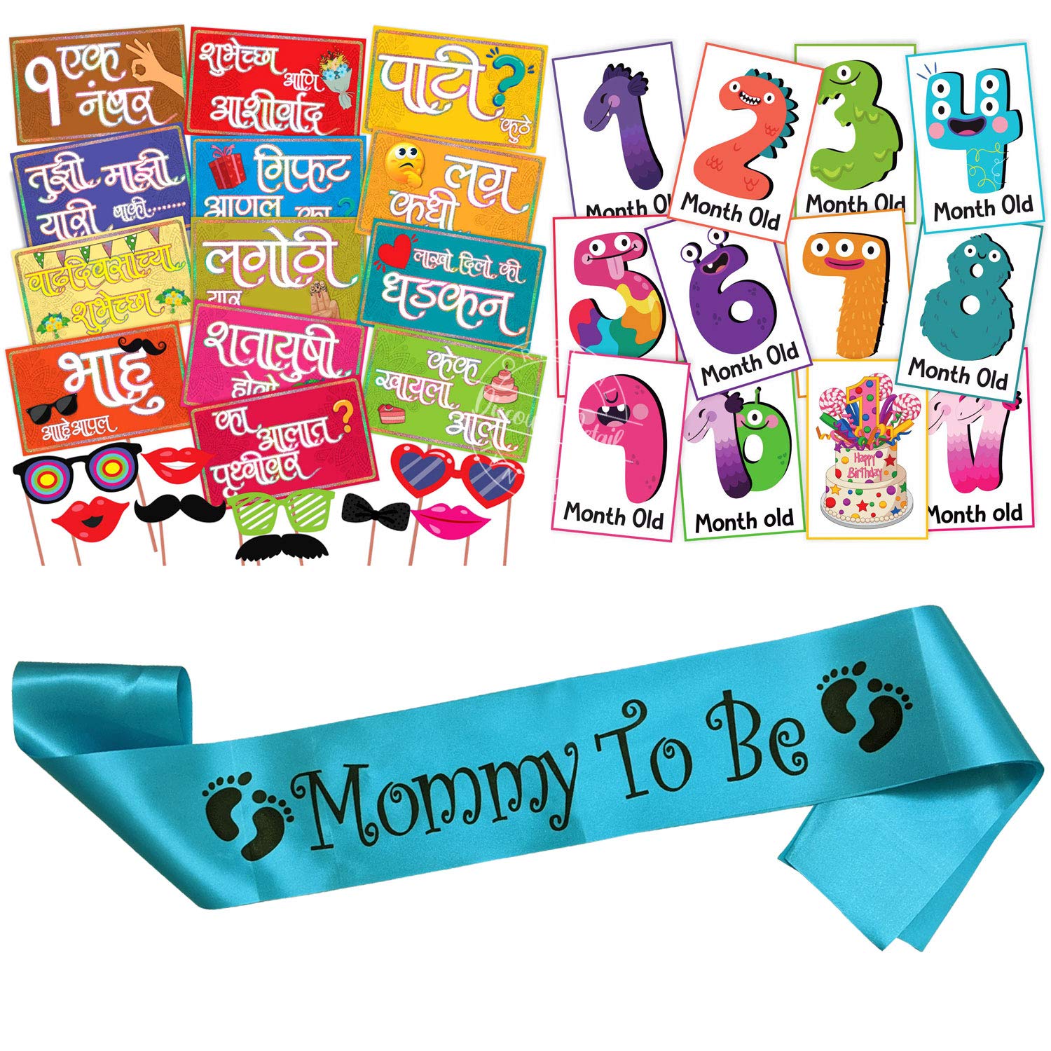 WOBBOX Colourful Marathi Baby Shower Combo of Photo Booth Party Props, Sash and Milestone Cards - Combo NV