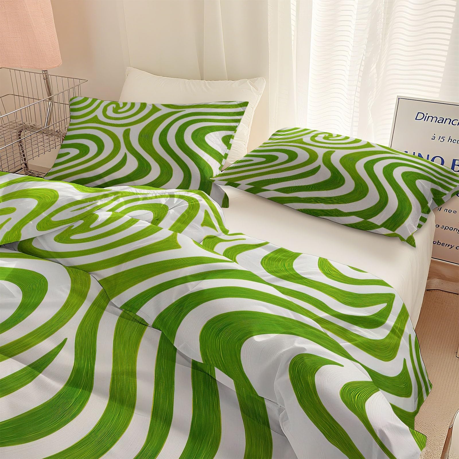 Generico Set Copripiumino Matrimoniale Strisce Ondulate Verdi Astratte 150 x 220 cm - Parure Letto con Motivo Stampato Morbida e Confortevole, Copripiumino Bianco-Verde Traspirante con Federe