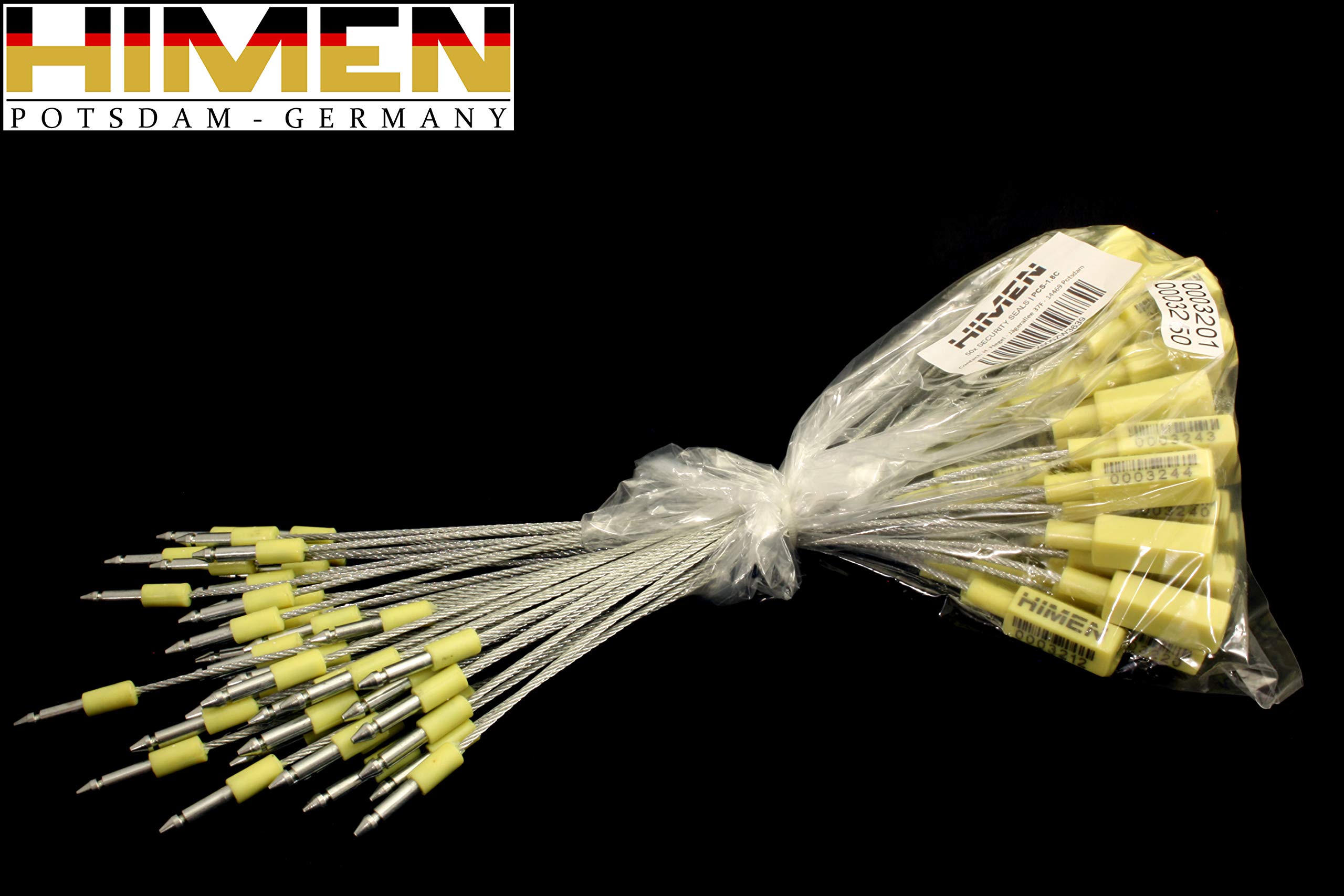 50 plomb zabezpieczających z metalową linką firmy HIMEN | kolejno ponumerowane | z kodem kreskowym | Długość 250mm | PCS-1.8C | zapięcie | żółty