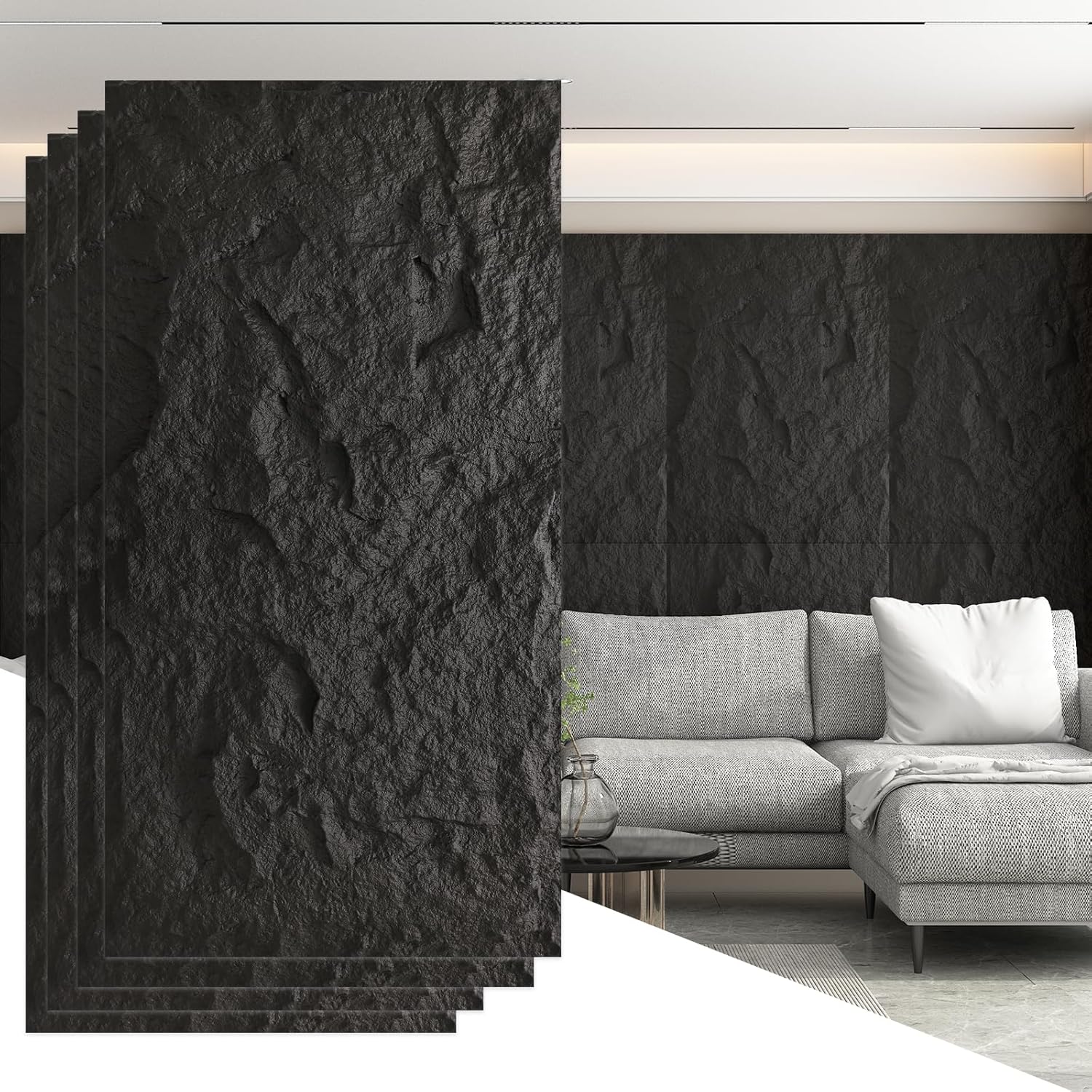 OUZUGIE 4 PCS Faux Stone Wall Panel 47.2’’ x 23.6’’ Interior Exterior Wall Decor 3D PU Panel with Mountain Rock Design White